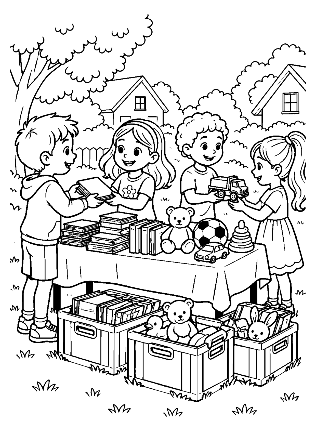 Coloriage à imprimer montrant echange jouets, thème recyclage