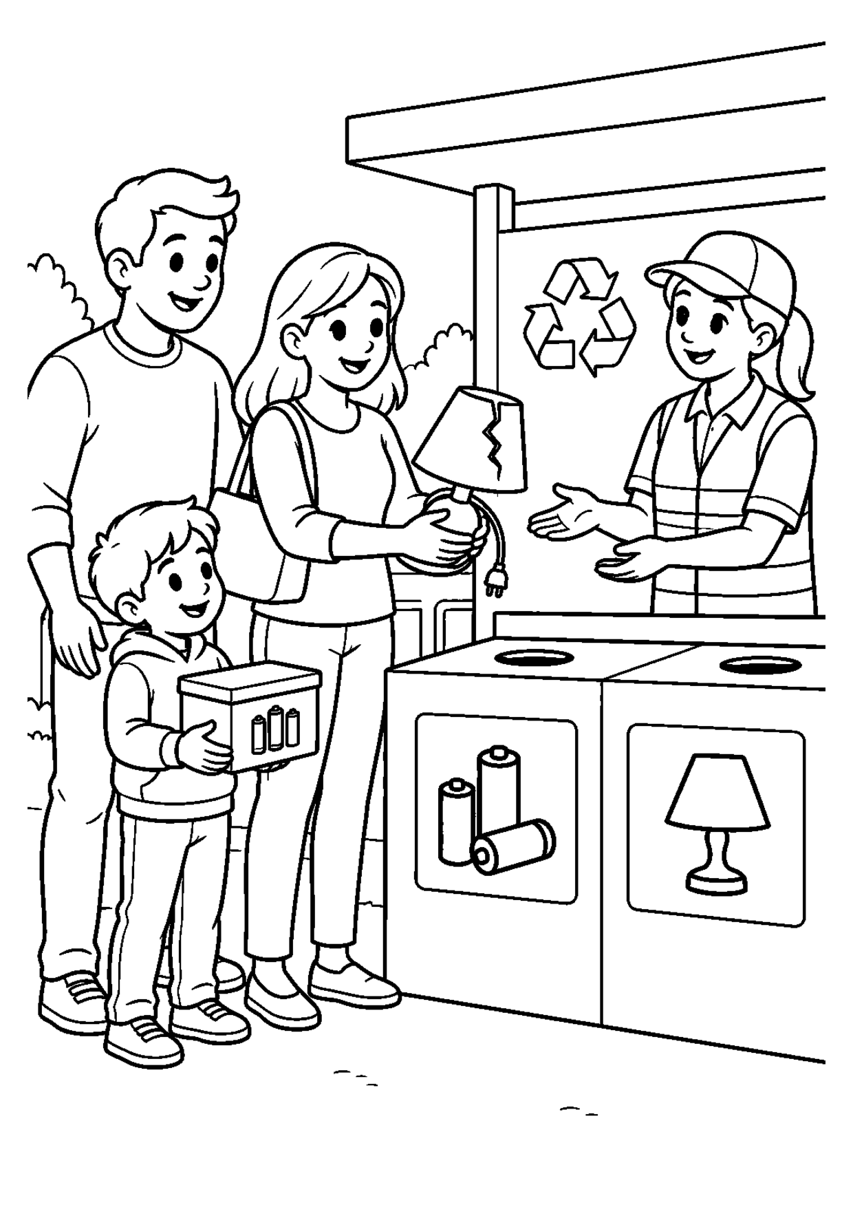 Coloriage à imprimer montrant piles lampes, thème recyclage