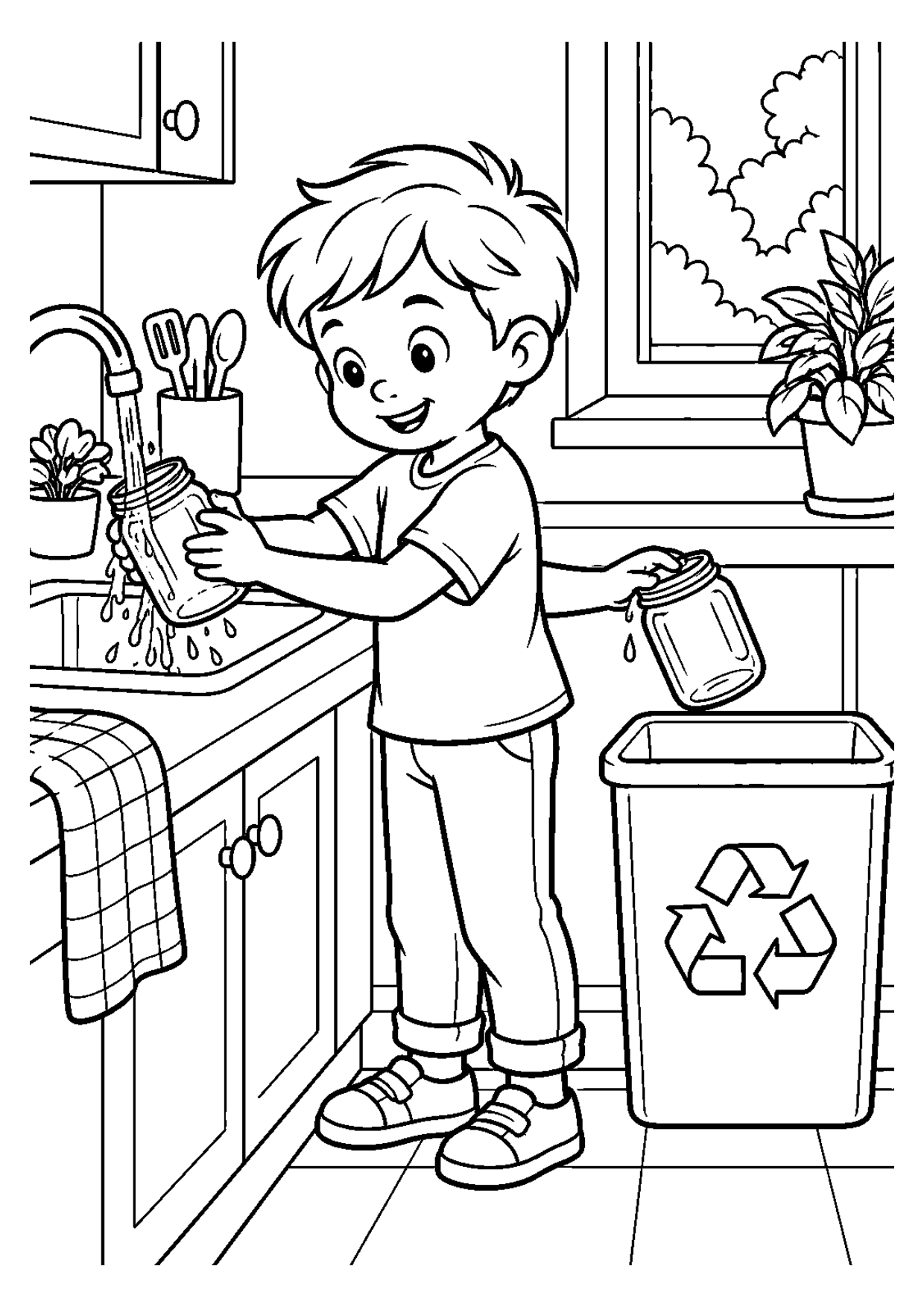 Coloriage à imprimer montrant rincer bocal, thème recyclage