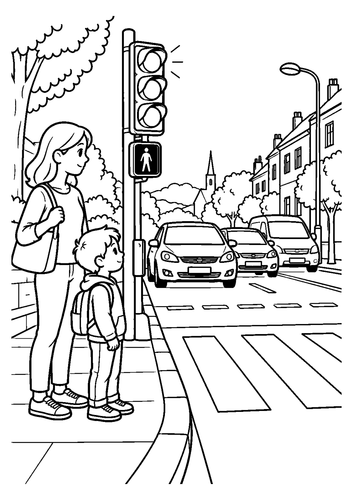 Coloriage à imprimer montrant feu piéton, thème sécurité routière