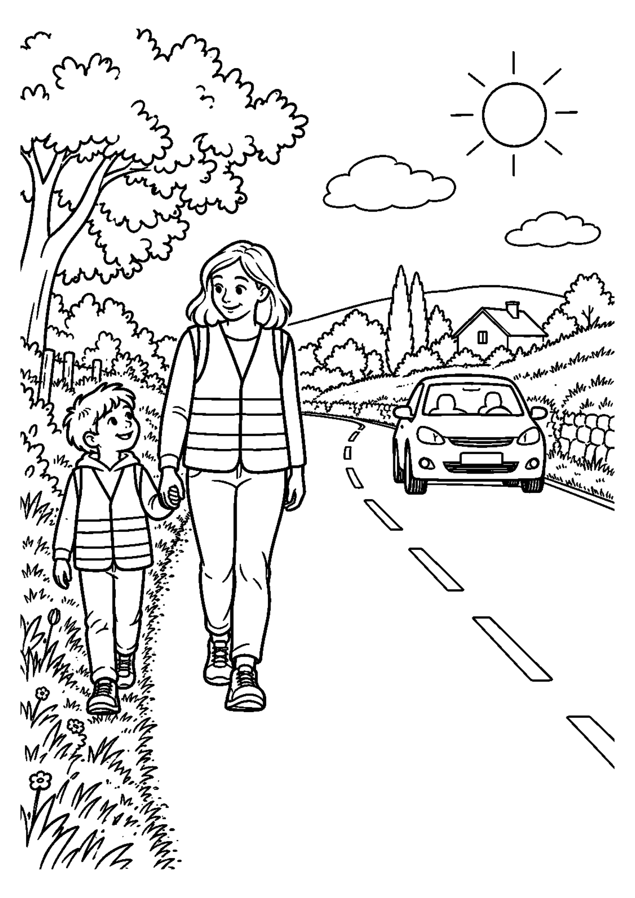 Coloriage à imprimer montrant route campagne, thème sécurité routière