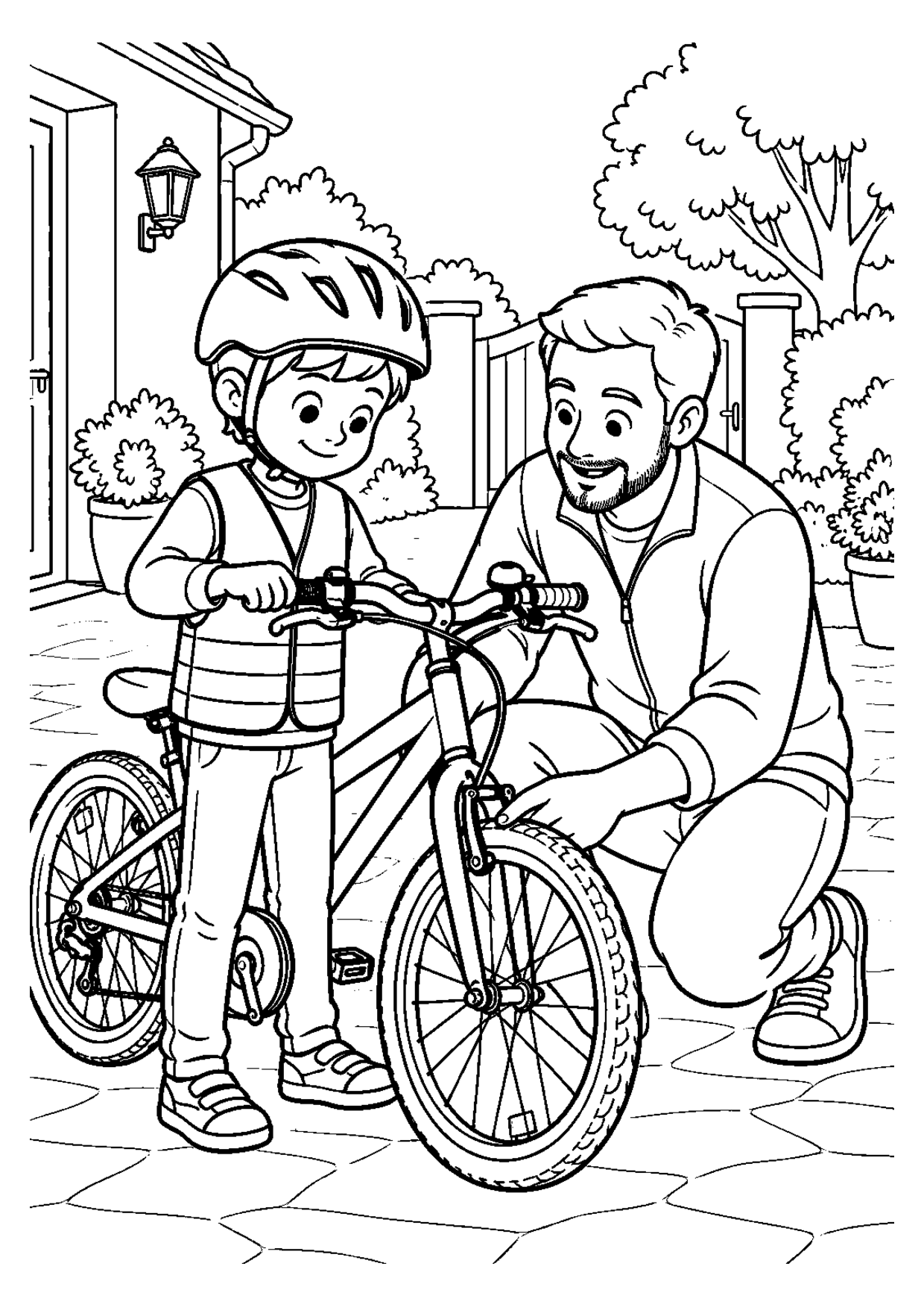 Coloriage à imprimer montrant verifier vélo, thème sécurité routière