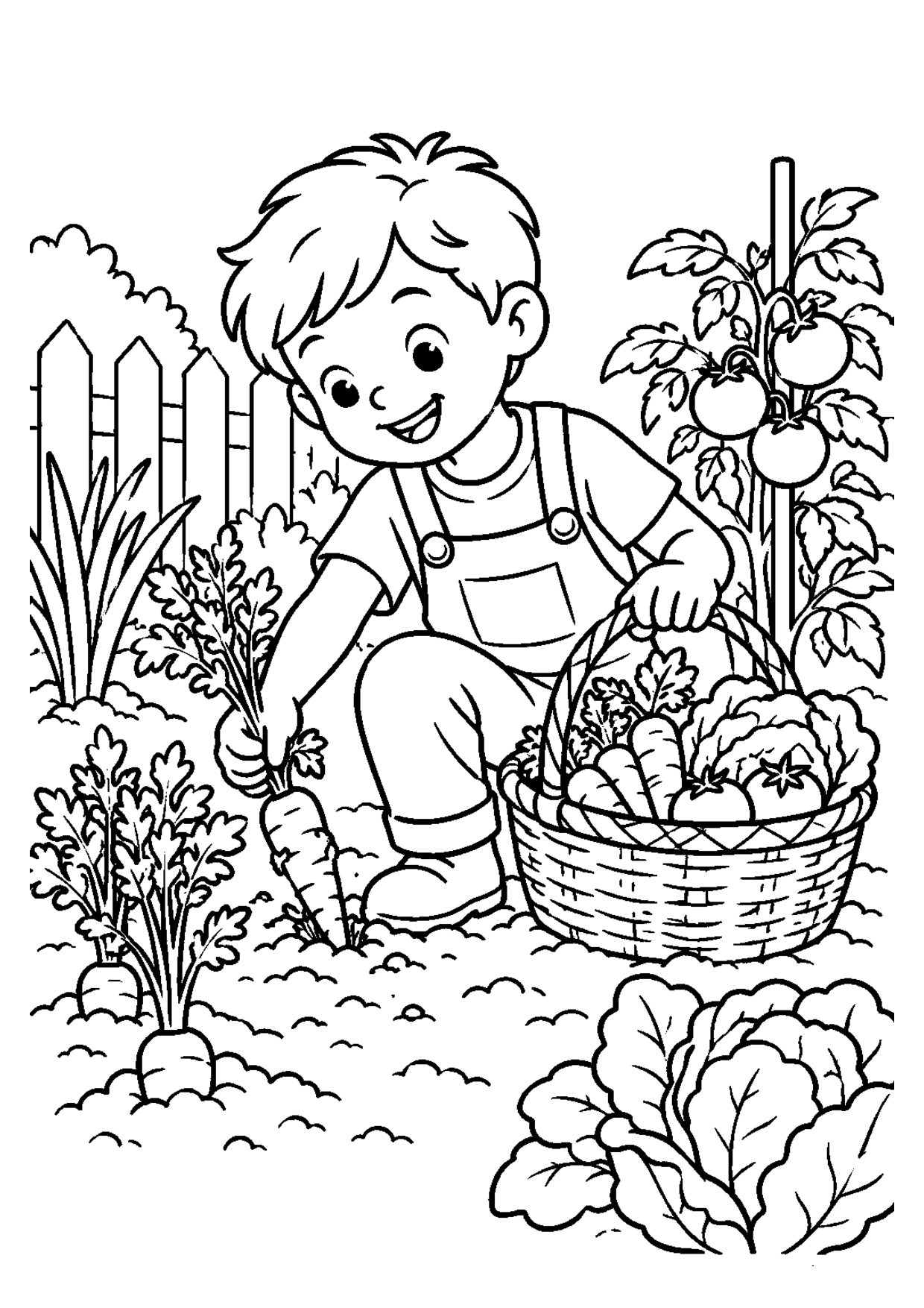 Coloriage à imprimer montrant récolte potager, thème écologie