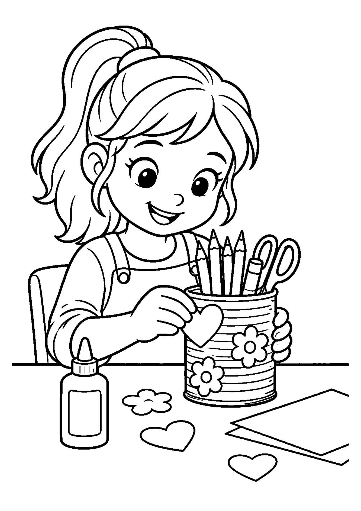Coloriage à imprimer montrant boîte crayons, thème recyclage