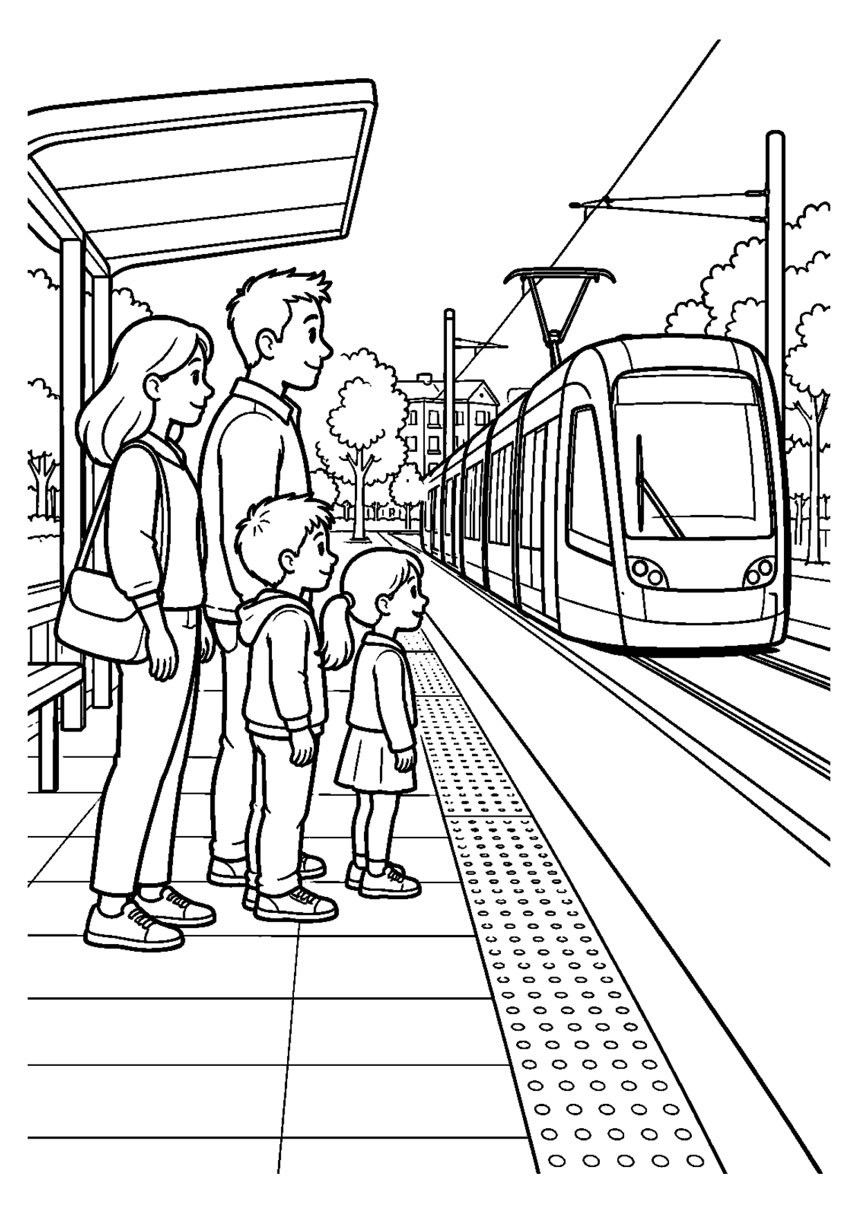 Coloriage à imprimer montrant attendre tram, thème sécurité routière
