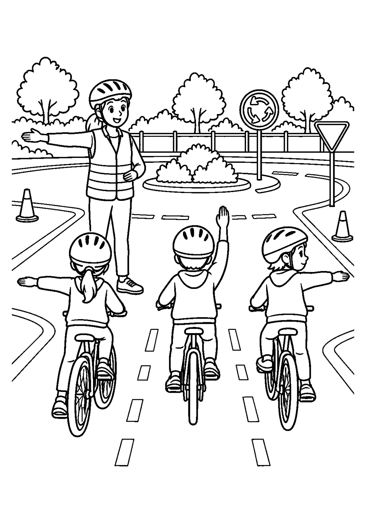 Coloriage à imprimer montrant signaux vélo, thème sécurité routière