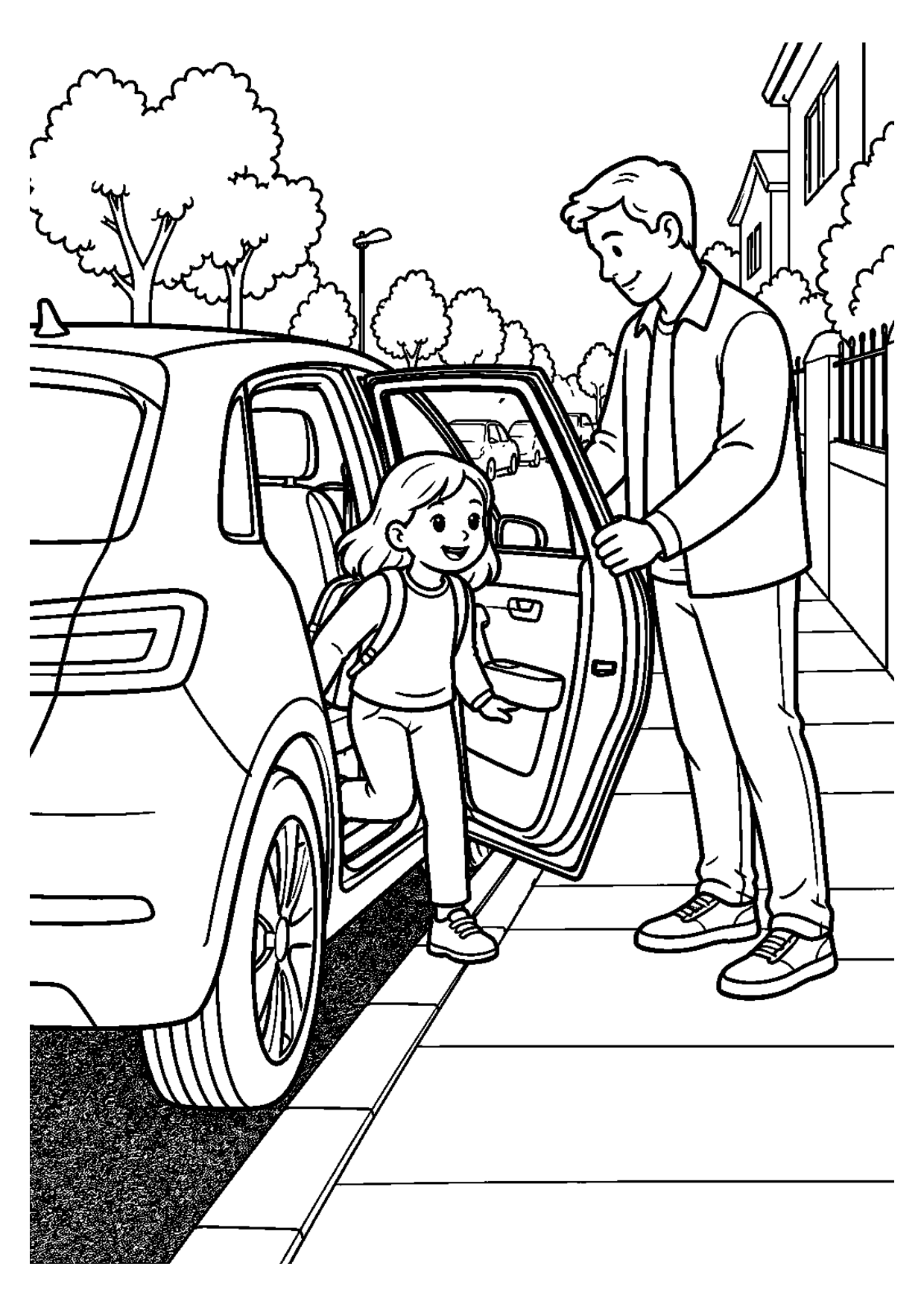 Coloriage à imprimer montrant sortie voiture trottoir, thème sécurité routière
