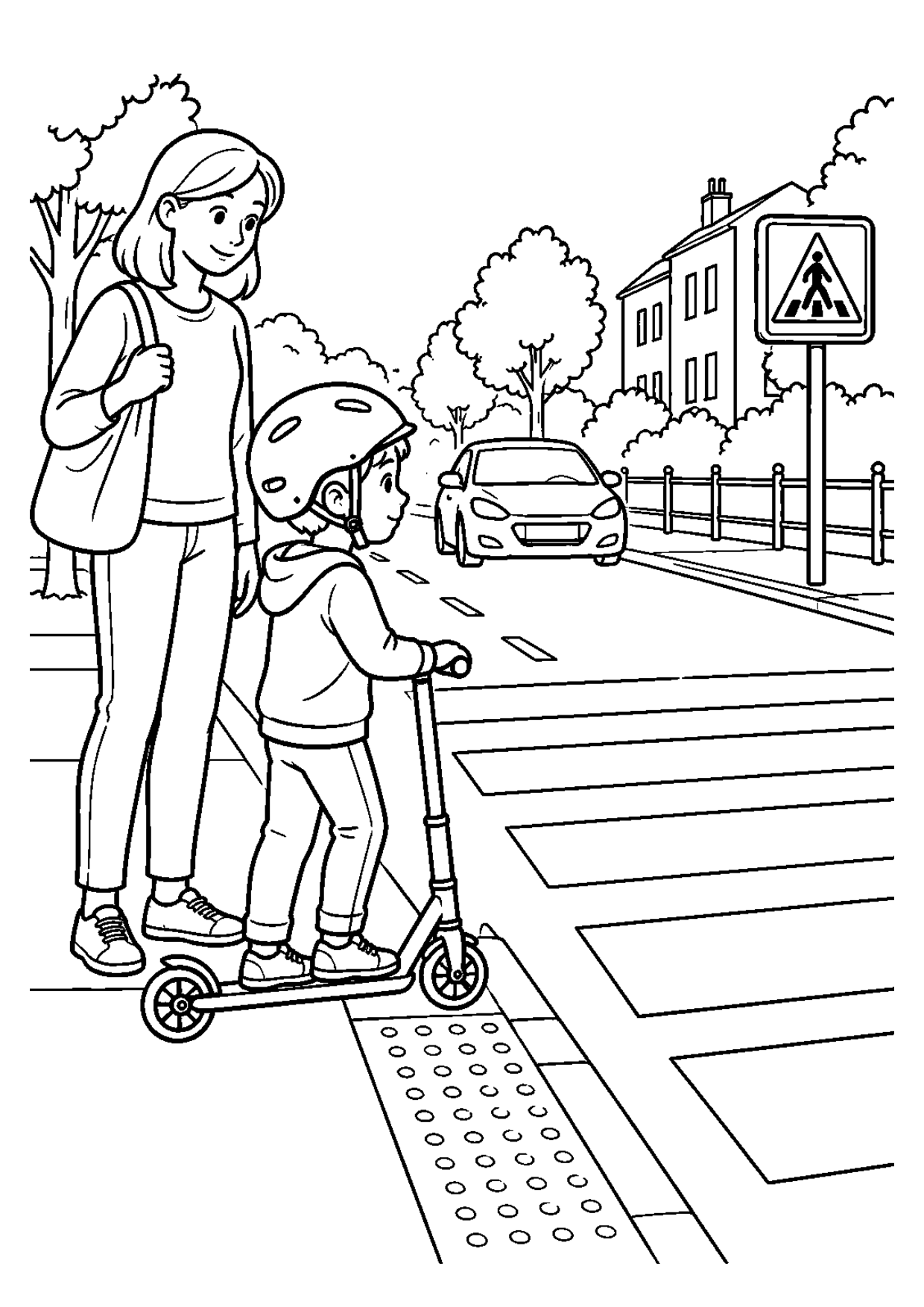 Coloriage à imprimer montrant trottinette passage, thème sécurité routière