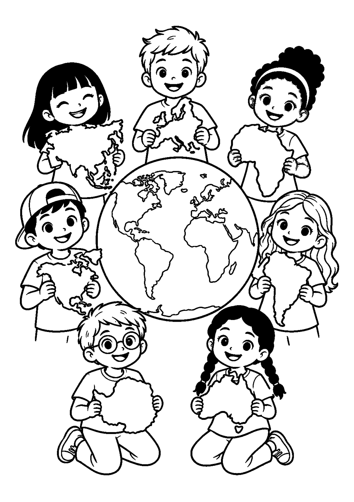 Coloriage à imprimer montrant enfants pieces, thème continents