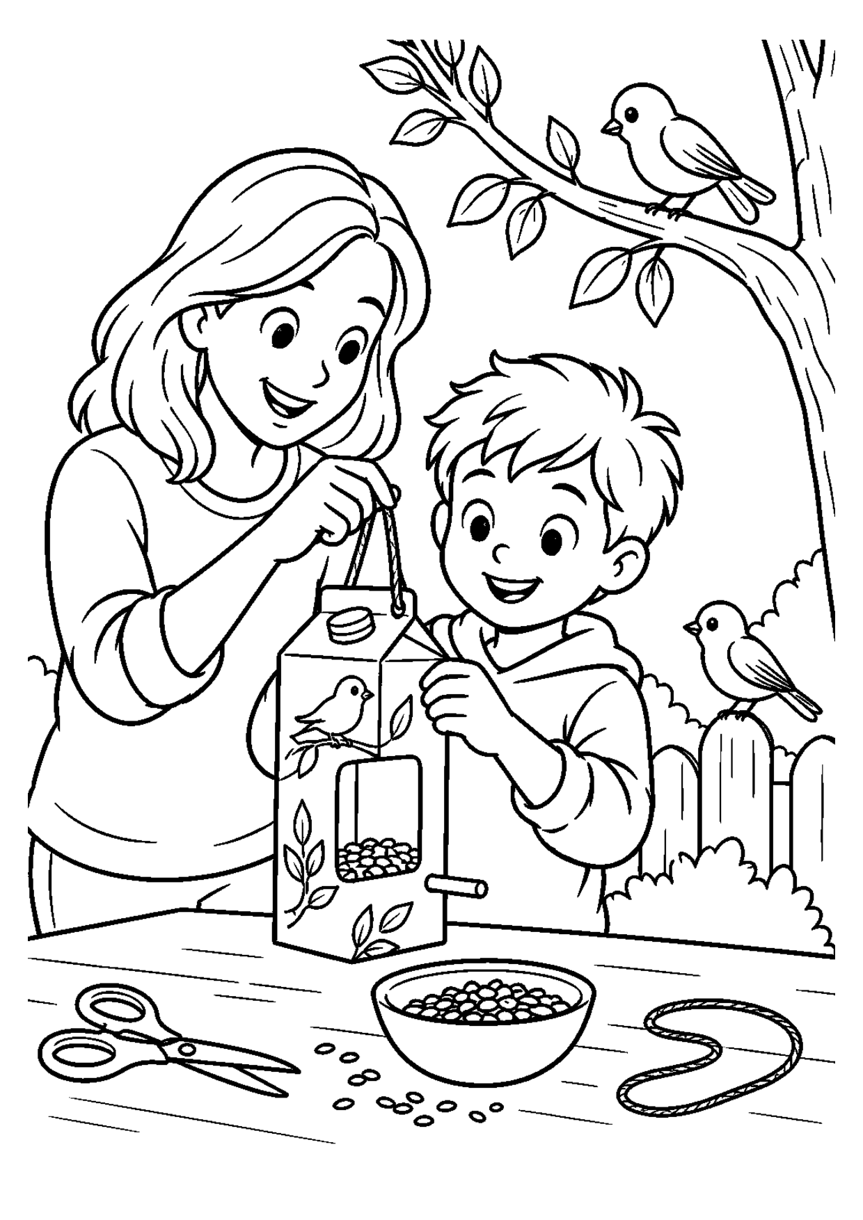 Coloriage à imprimer montrant mangeoire brique lait, thème recyclage