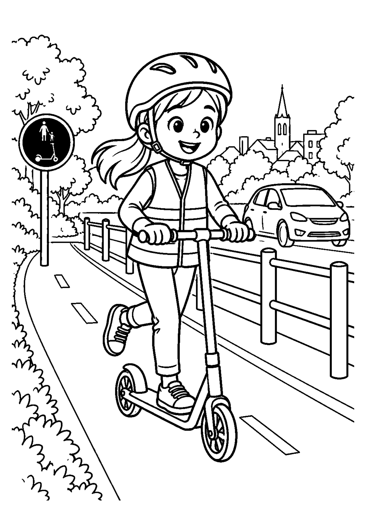 Coloriage à imprimer montrant trottinette protégée, thème sécurité routière