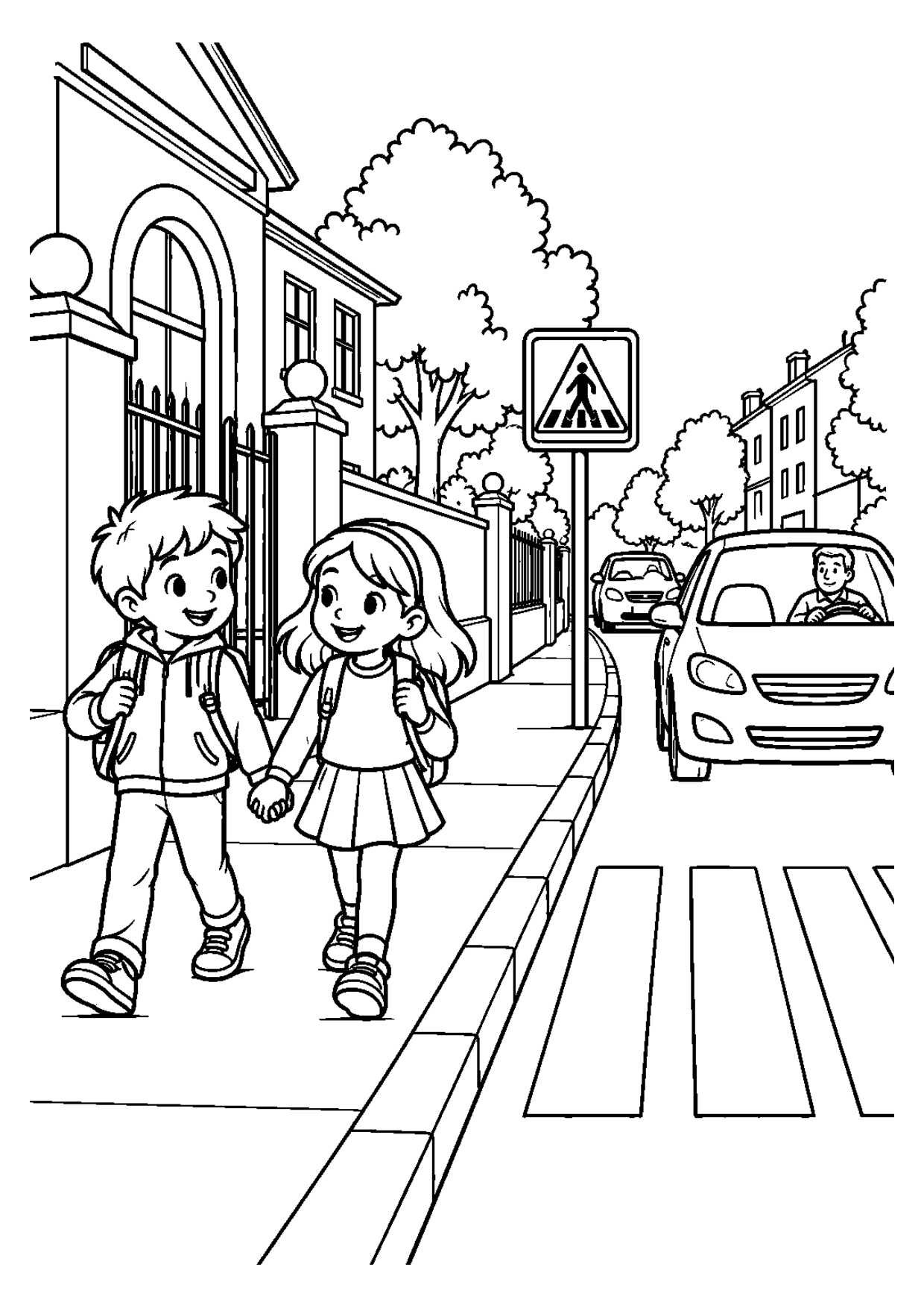 Coloriage à imprimer montrant trottoir école, thème sécurité routière