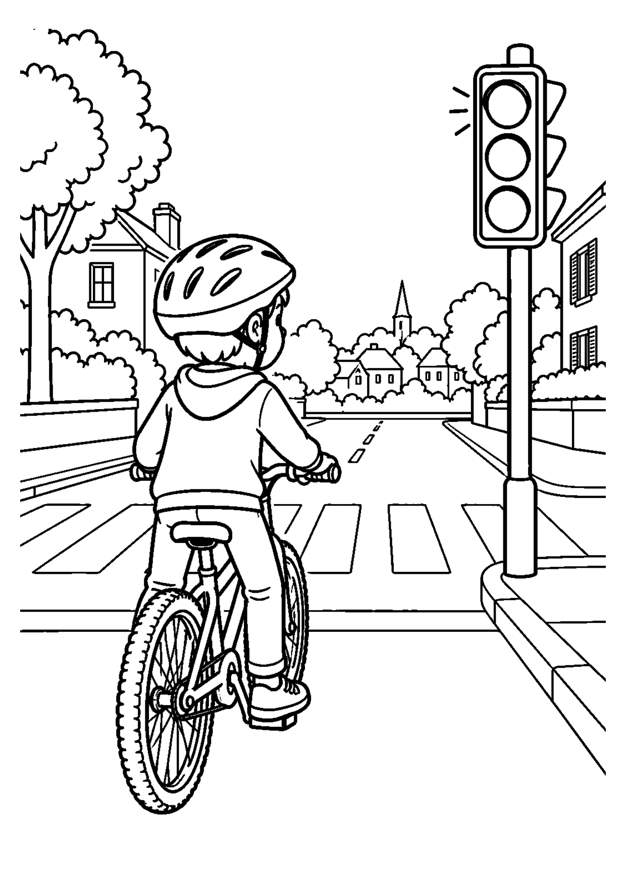 Coloriage à imprimer montrant vélo feu rouge, thème sécurité routière