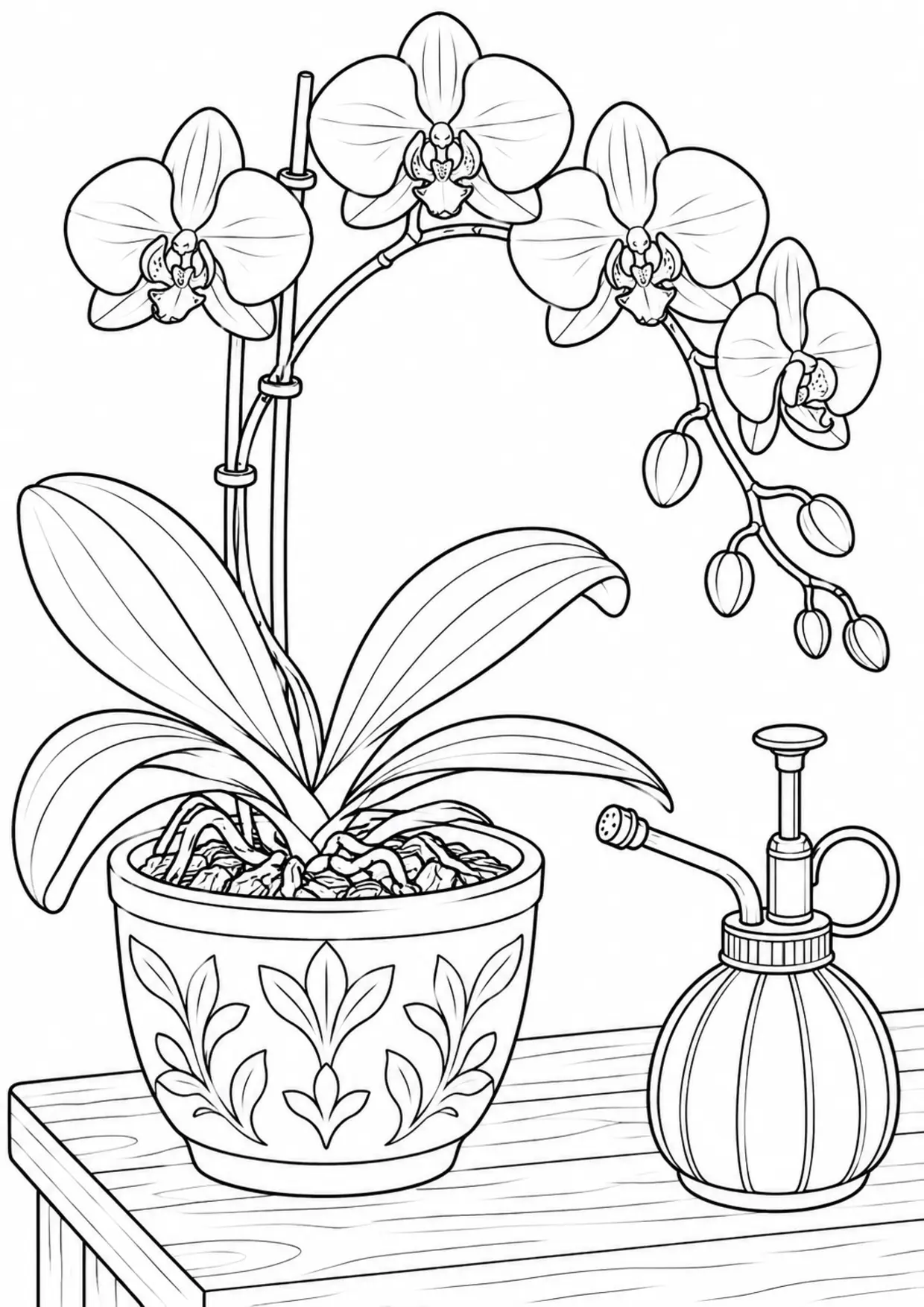 Coloriage orchidée à imprimer montrant pot, illustration 5