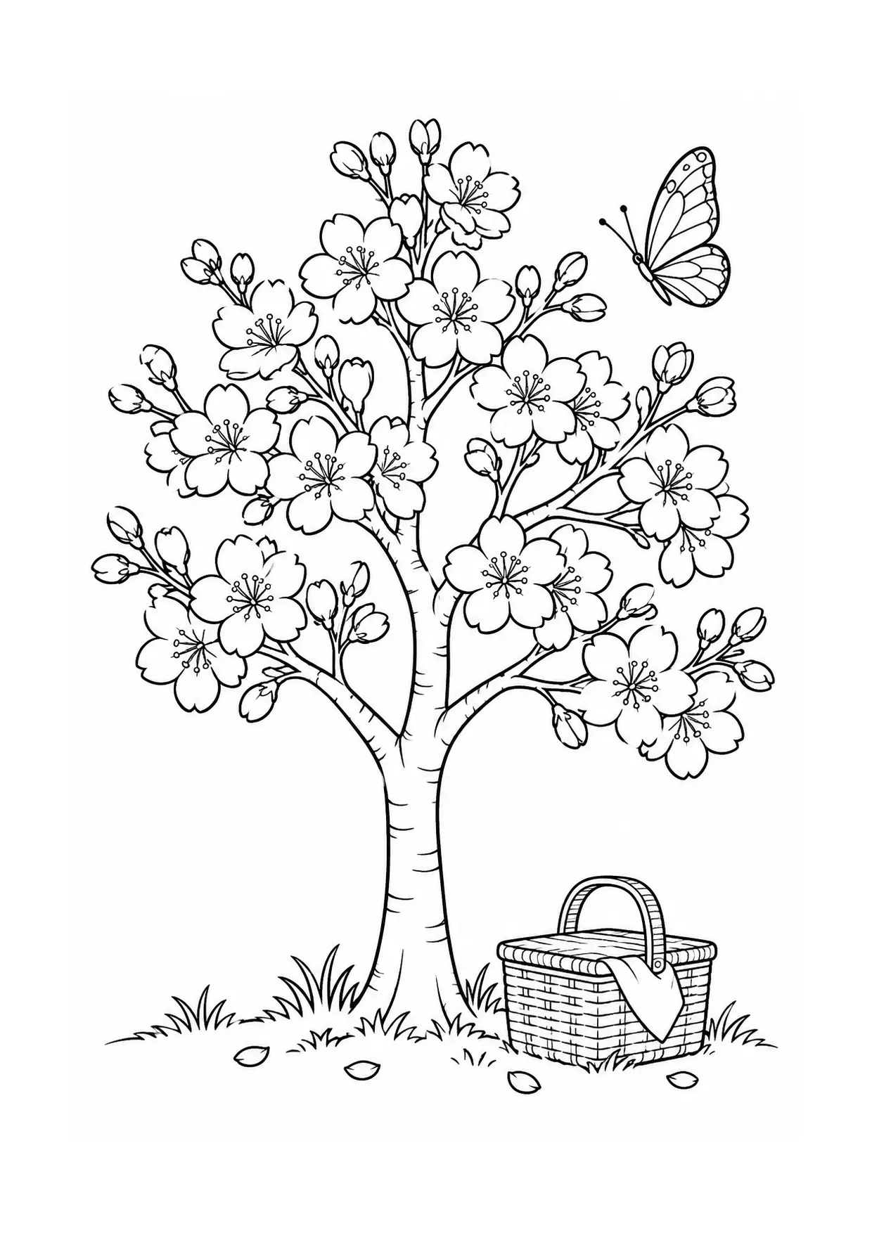 Coloriage cerisier en fleurs à imprimer montrant arbre, illustration 5