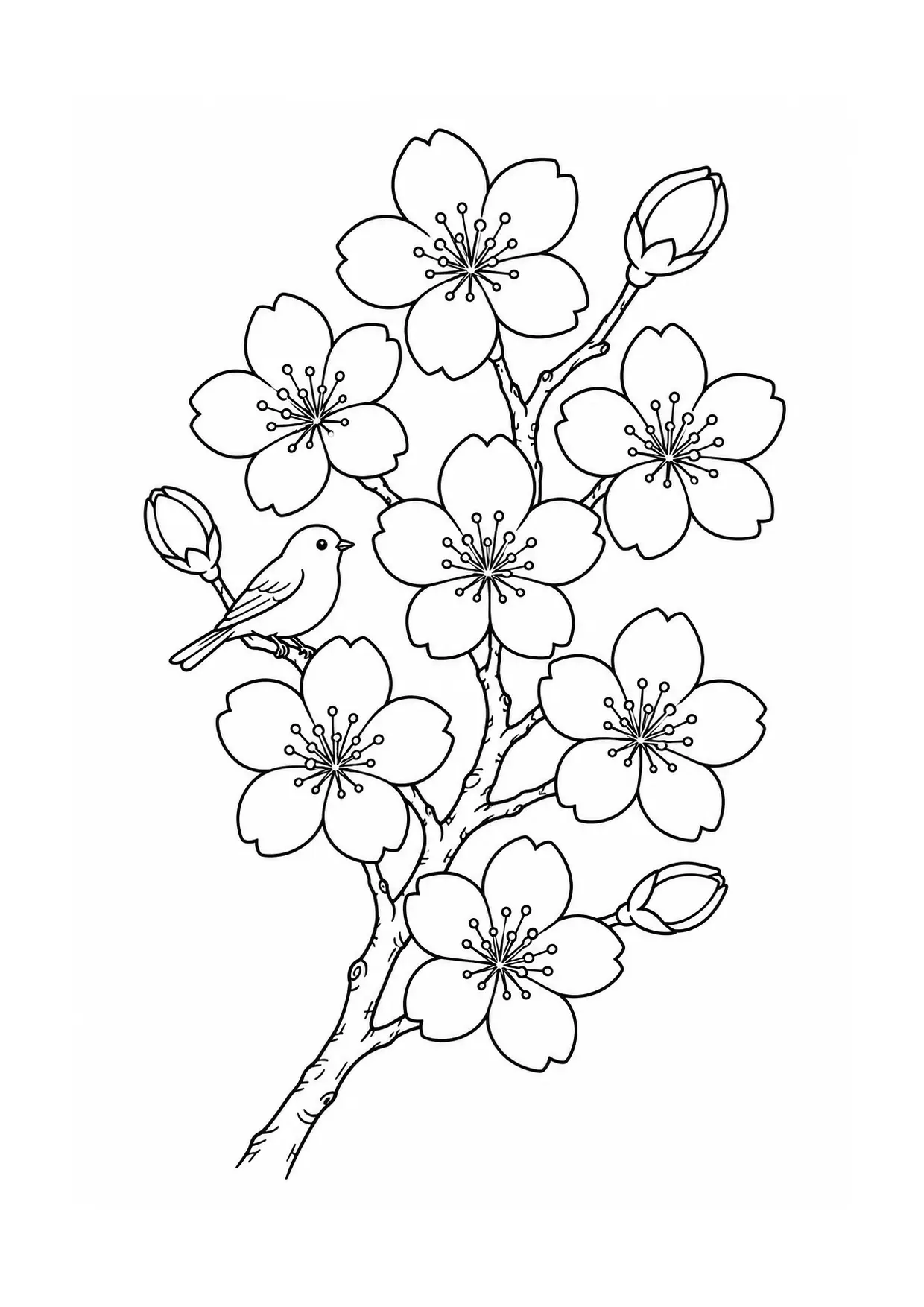 Coloriage cerisier en fleurs à imprimer montrant branche, illustration 6