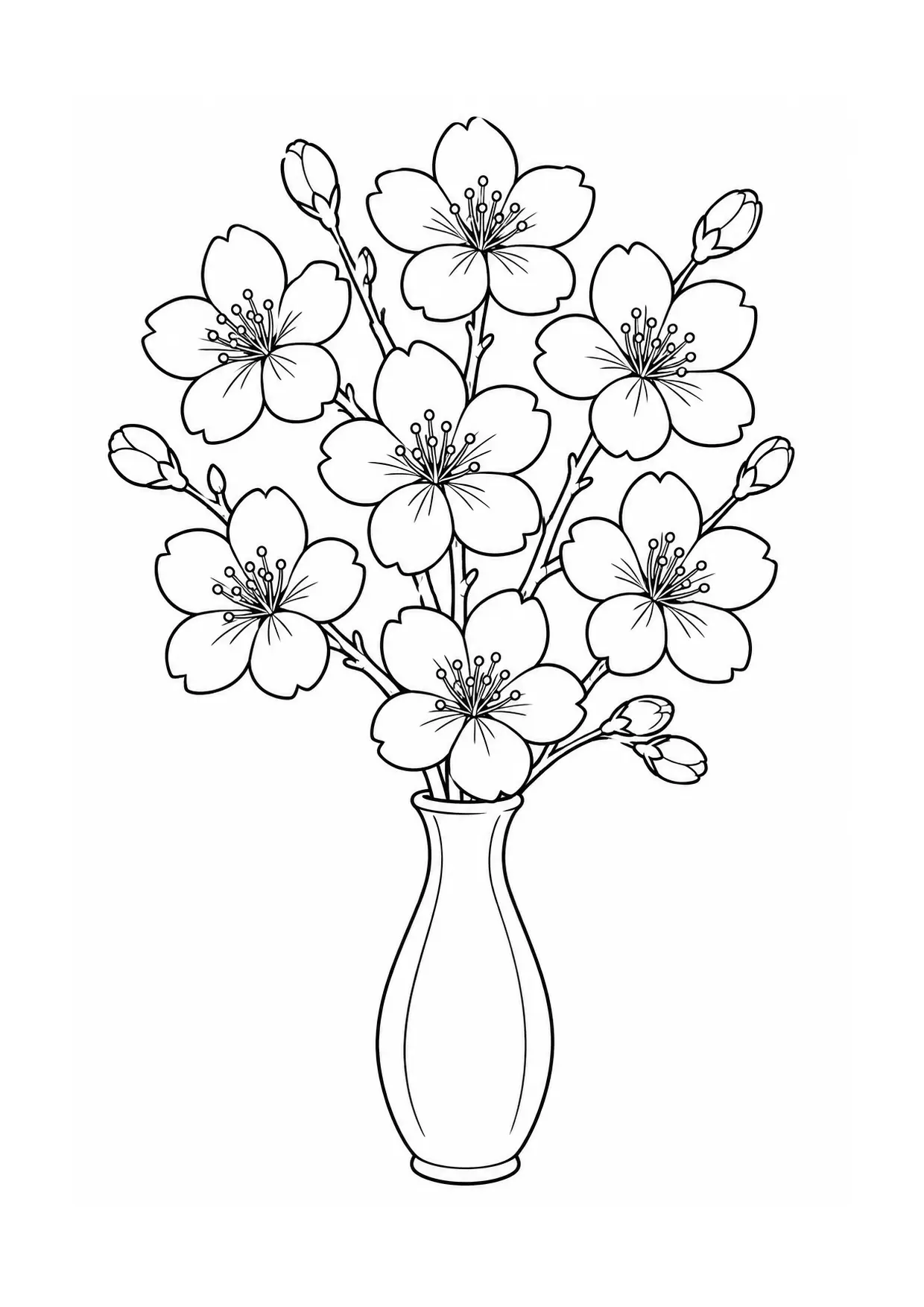Coloriage cerisier en fleurs à imprimer montrant vase, illustration 8