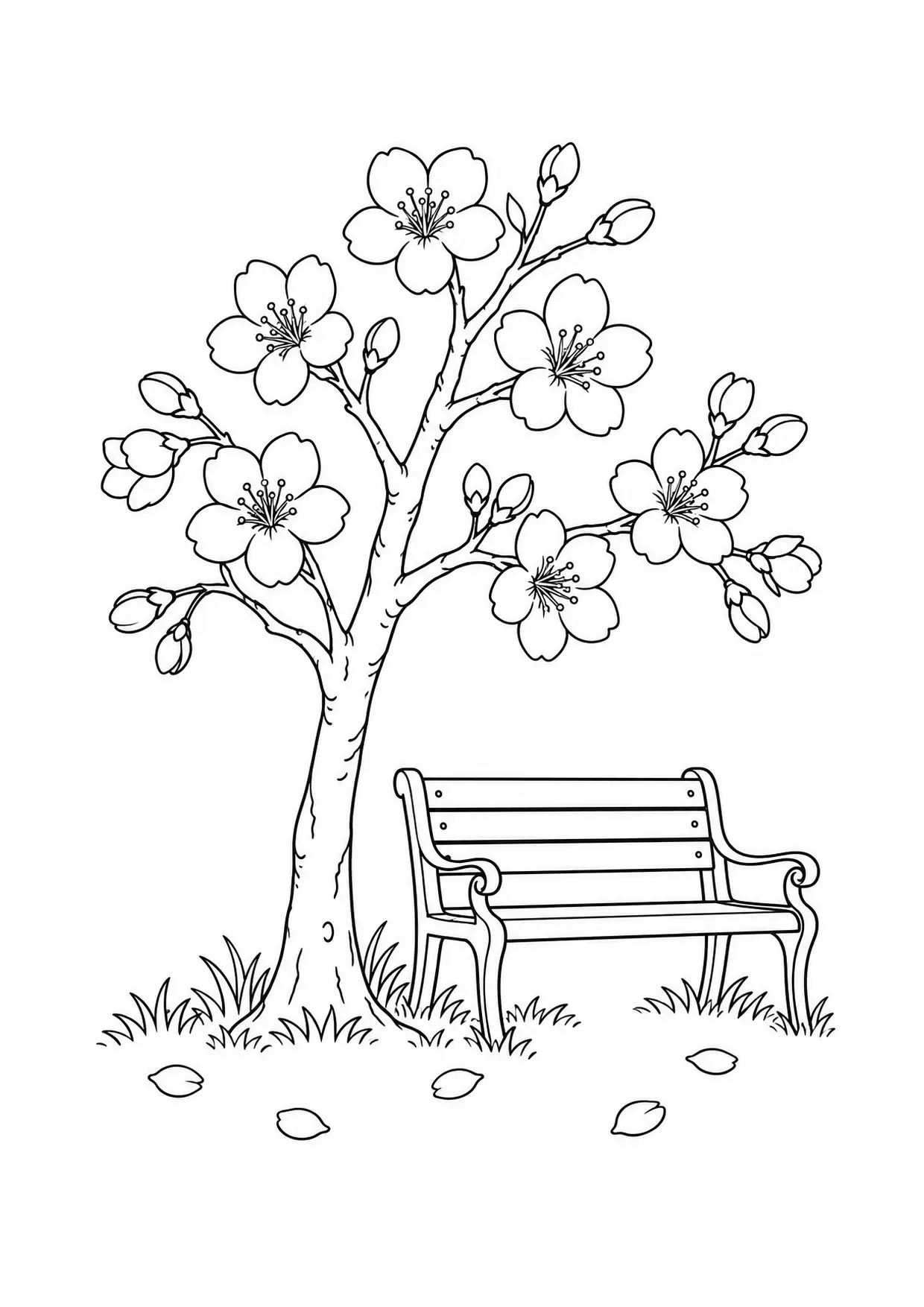 Coloriage cerisier en fleurs à imprimer montrant banc, illustration 9