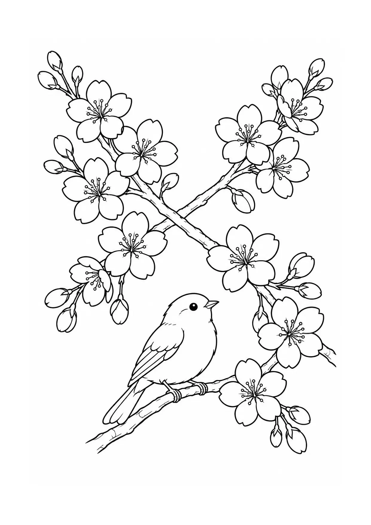 Coloriage cerisier en fleurs à imprimer montrant oiseau, illustration 10