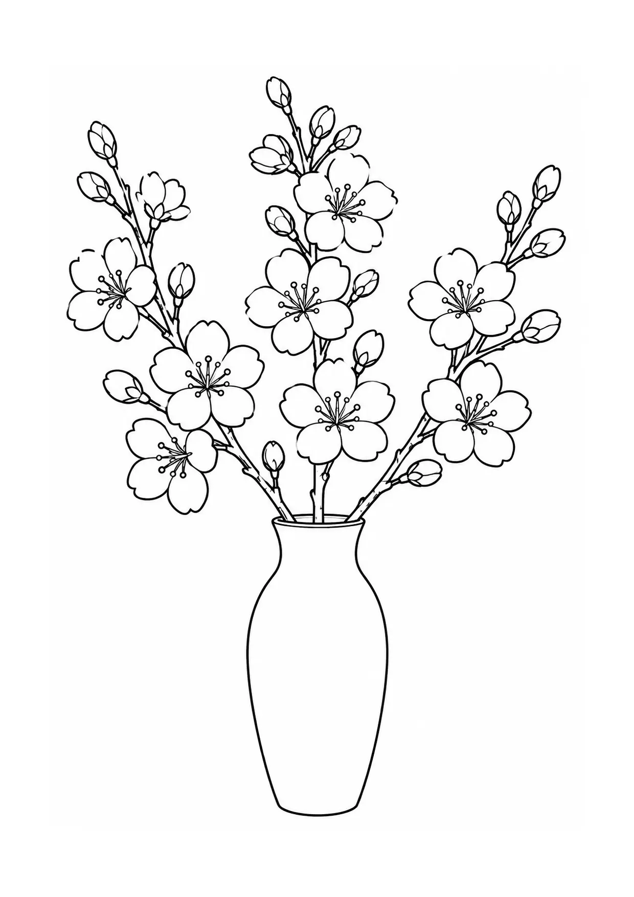 Coloriage cerisier en fleurs à imprimer montrant vase, illustration 12