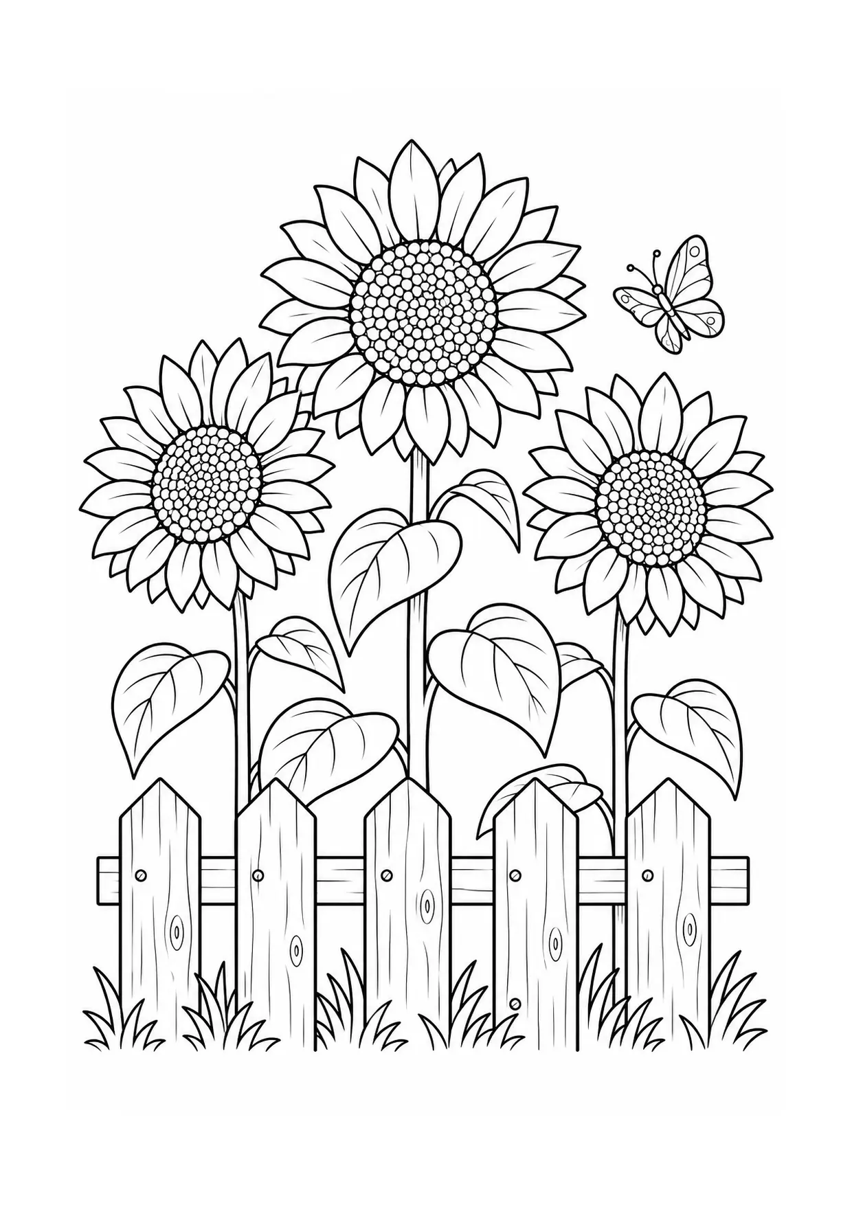 Coloriage tournesol à imprimer montrant cloture, illustration 11