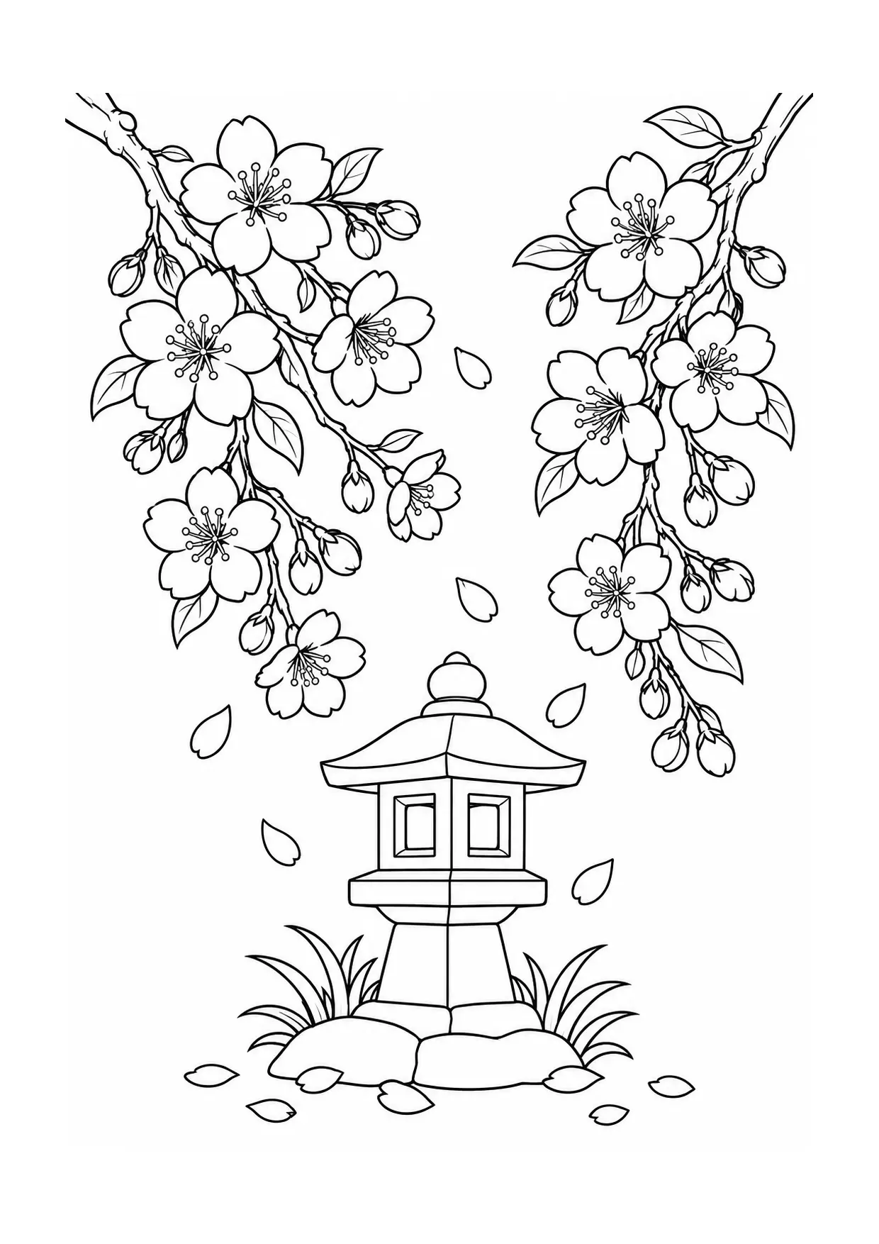 Coloriage cerisier en fleurs à imprimer montrant lanterne, illustration 13