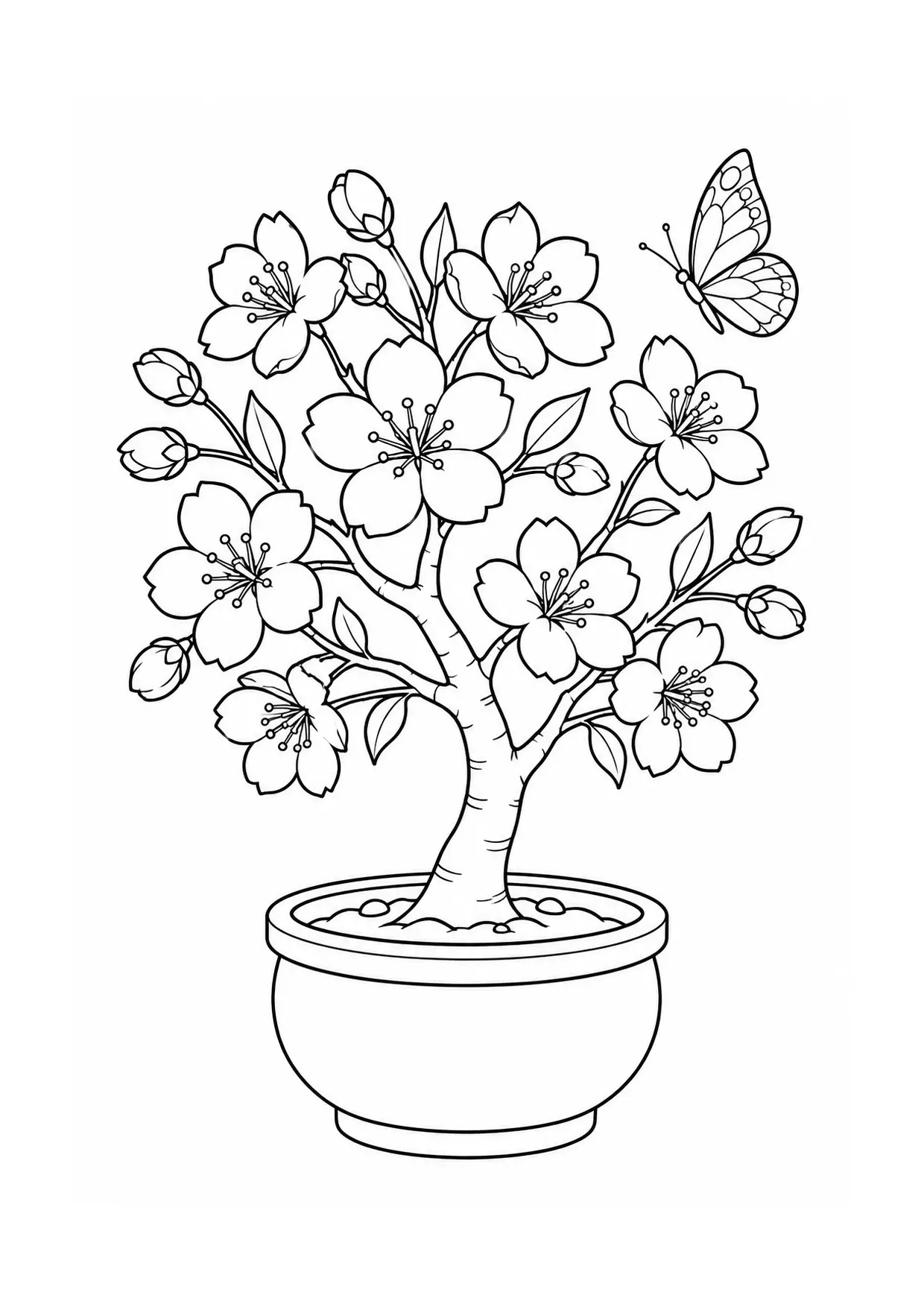 Coloriage cerisier en fleurs à imprimer montrant pot, illustration 15