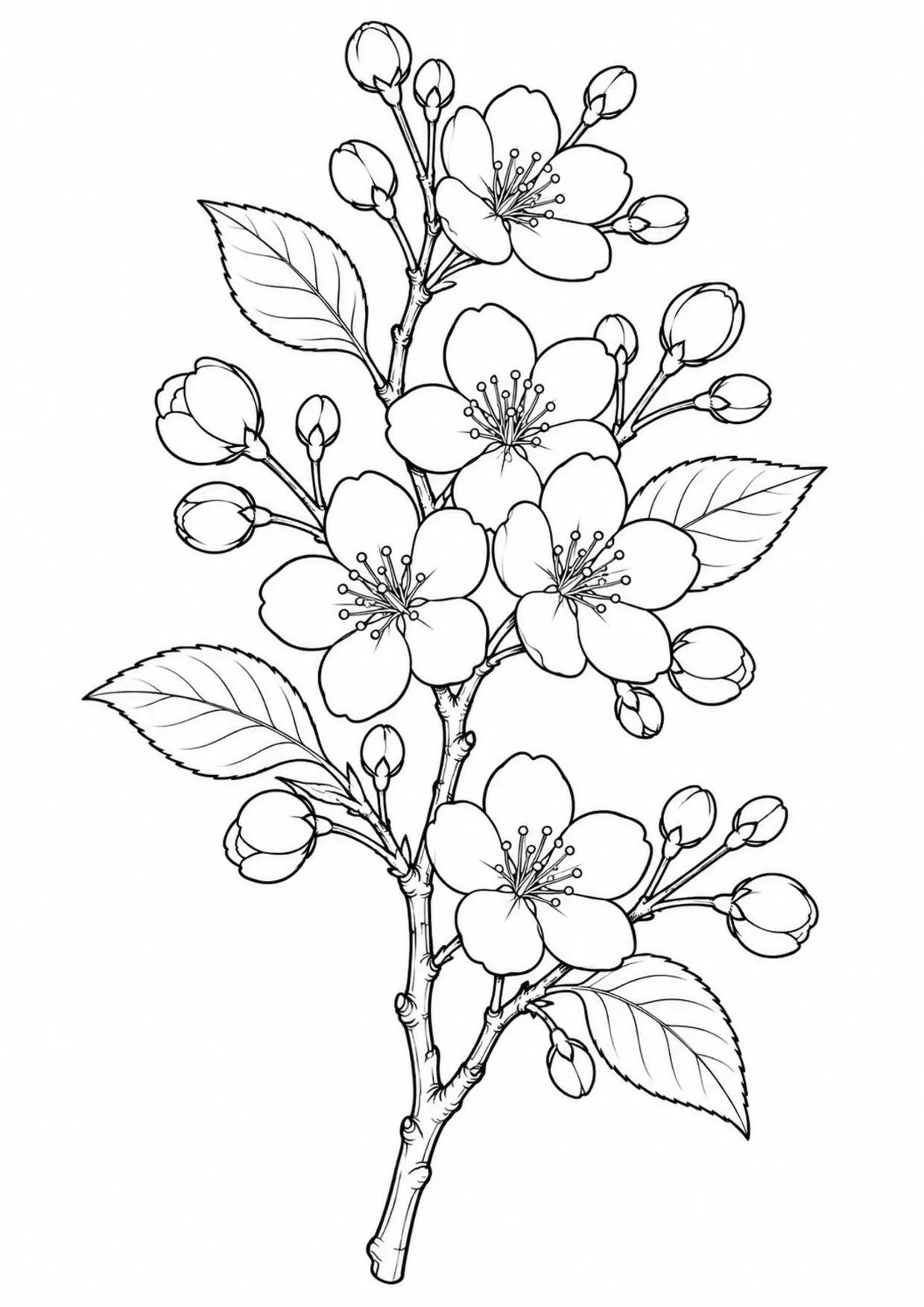 Coloriage cerisier en fleurs à imprimer montrant bouquet, illustration 16