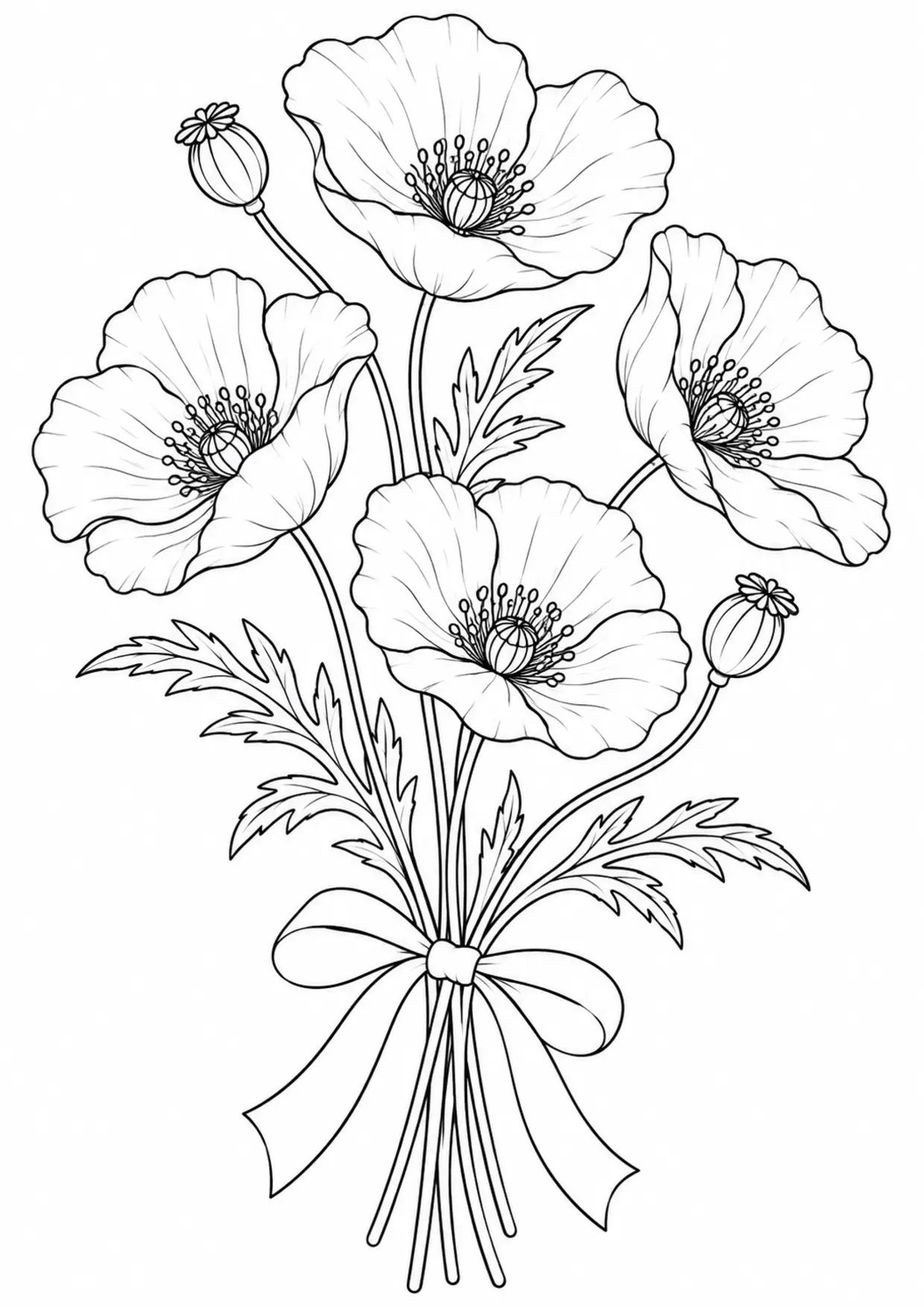 Coloriage coquelicot à imprimer montrant bouquet, illustration 11