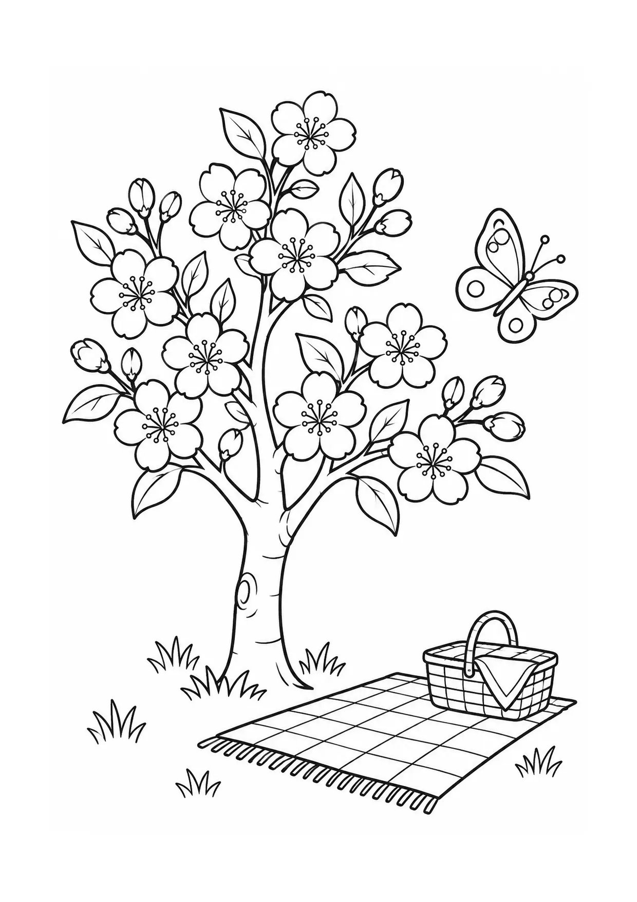 Coloriage cerisier en fleurs à imprimer montrant arbre, illustration 18