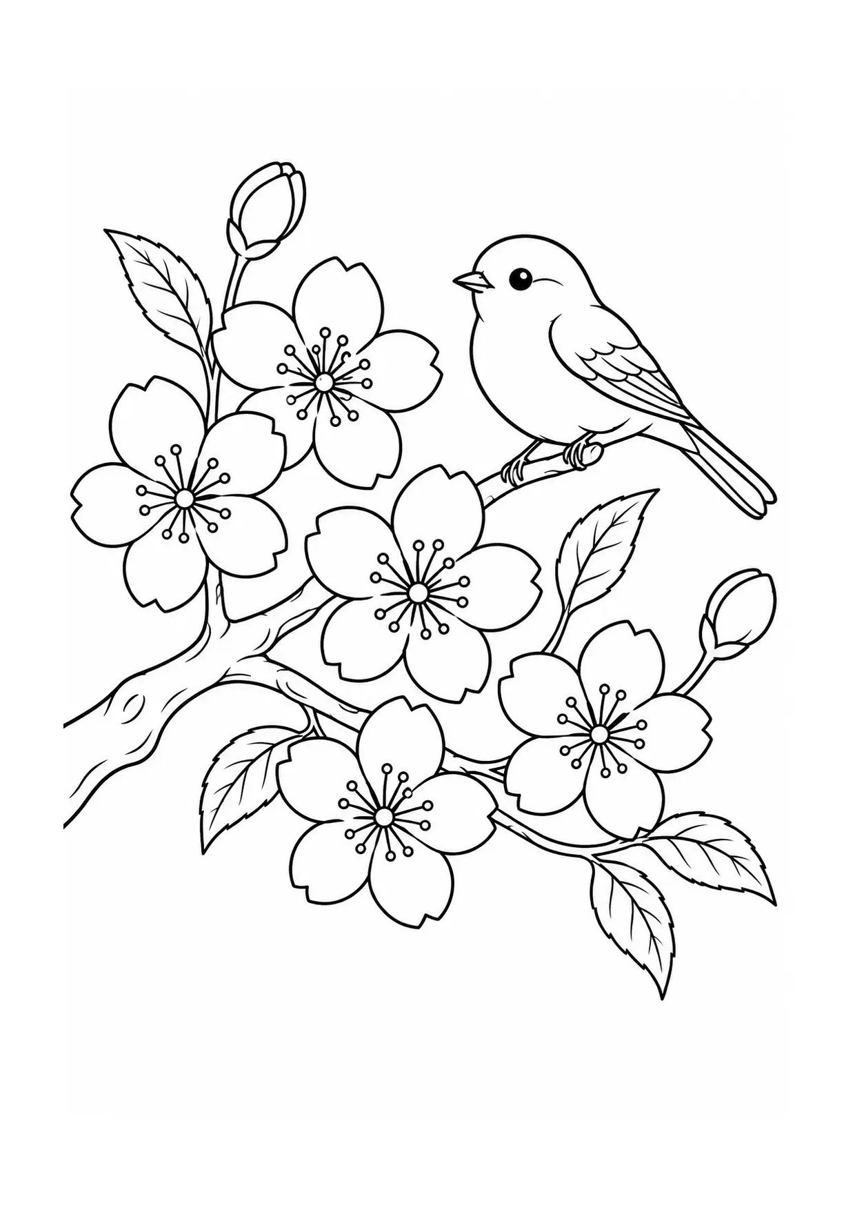 Coloriage cerisier en fleurs à imprimer montrant branche, illustration 19