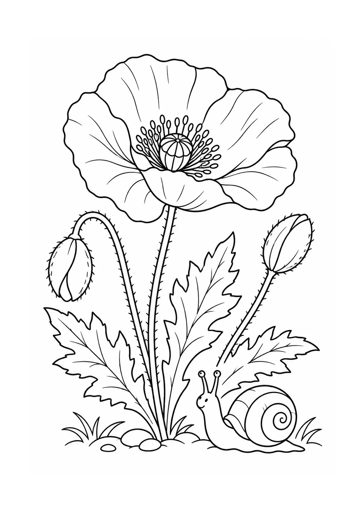 Coloriage coquelicot à imprimer montrant escargot, illustration 13