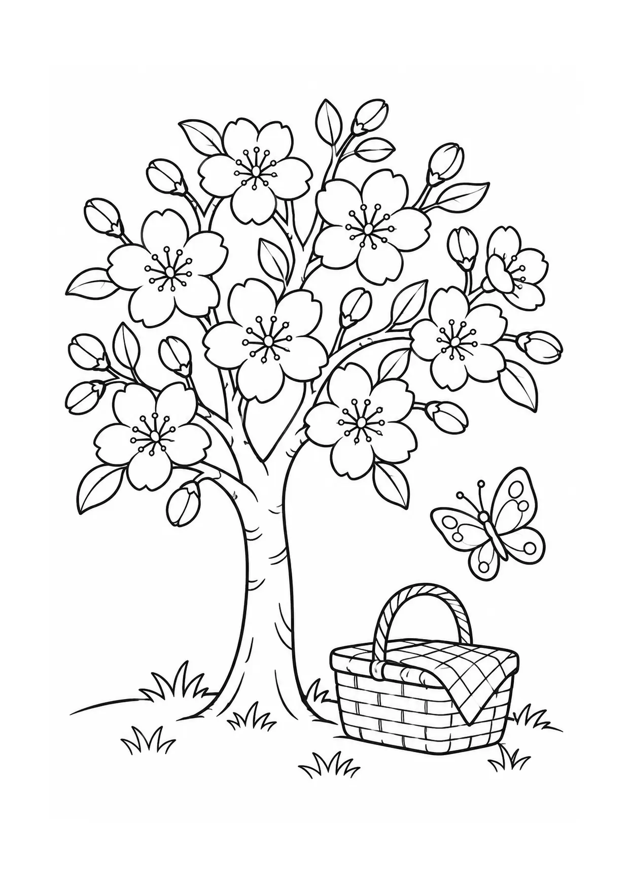 Coloriage cerisier en fleurs à imprimer montrant arbre, illustration 20