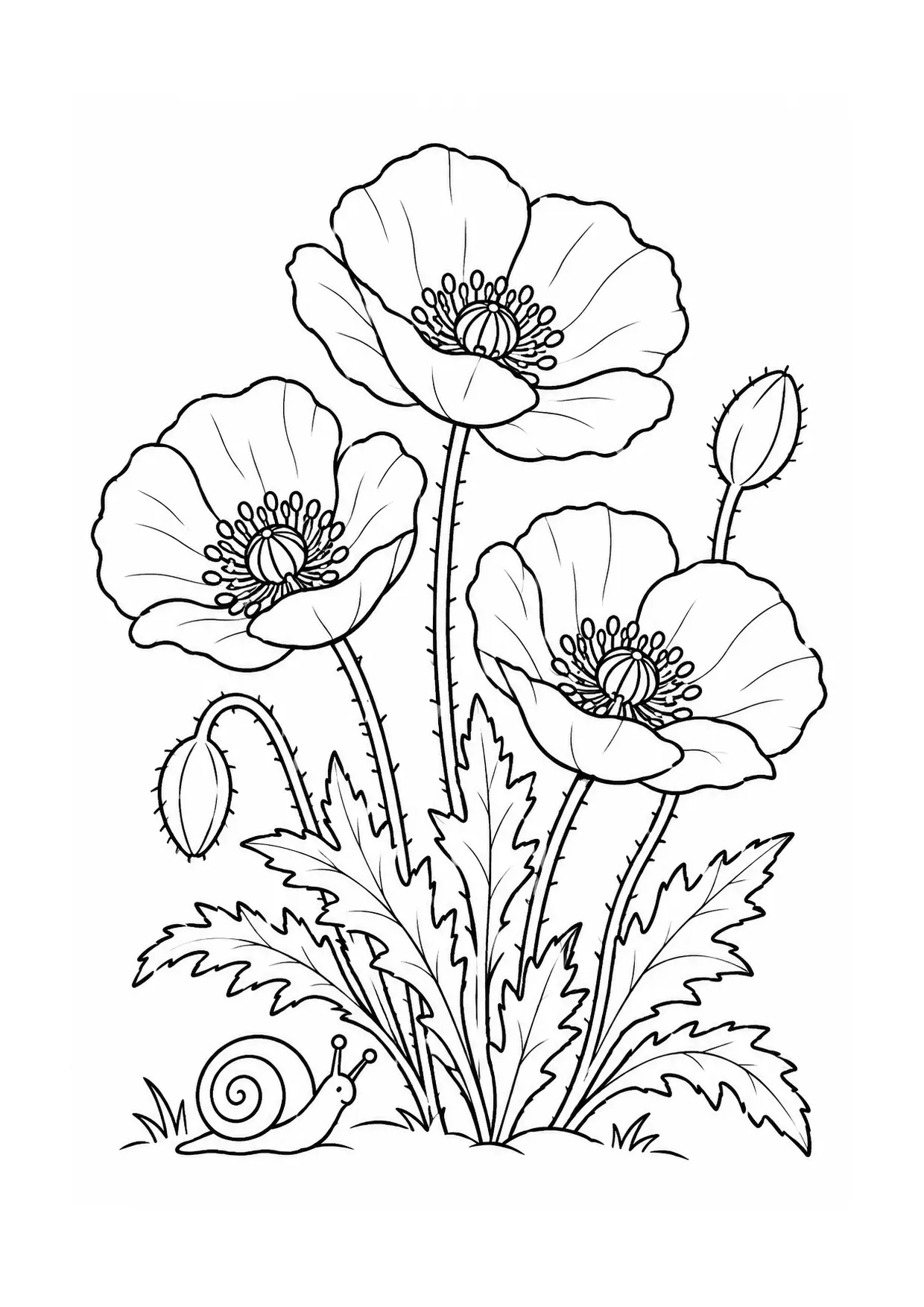 Coloriage coquelicot à imprimer montrant escargot, illustration 16