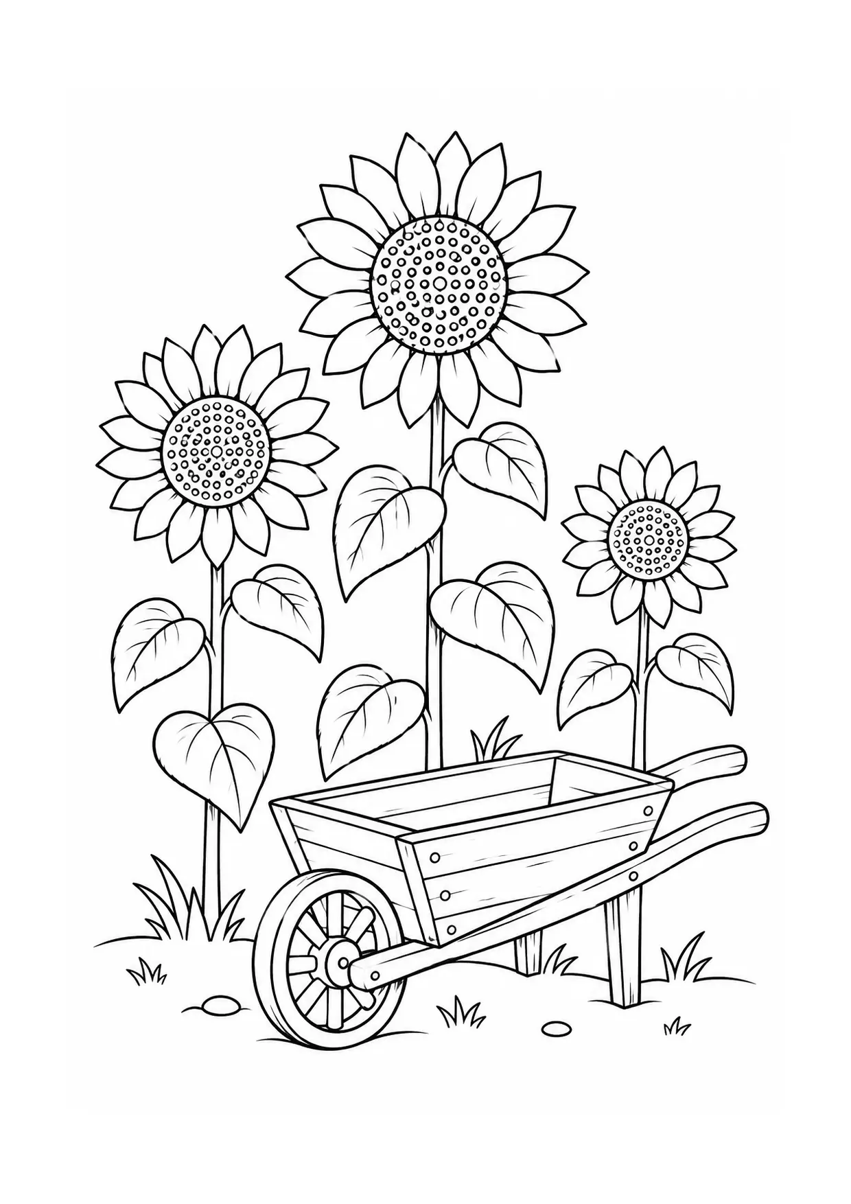 Coloriage tournesol à imprimer montrant brouette, illustration 17