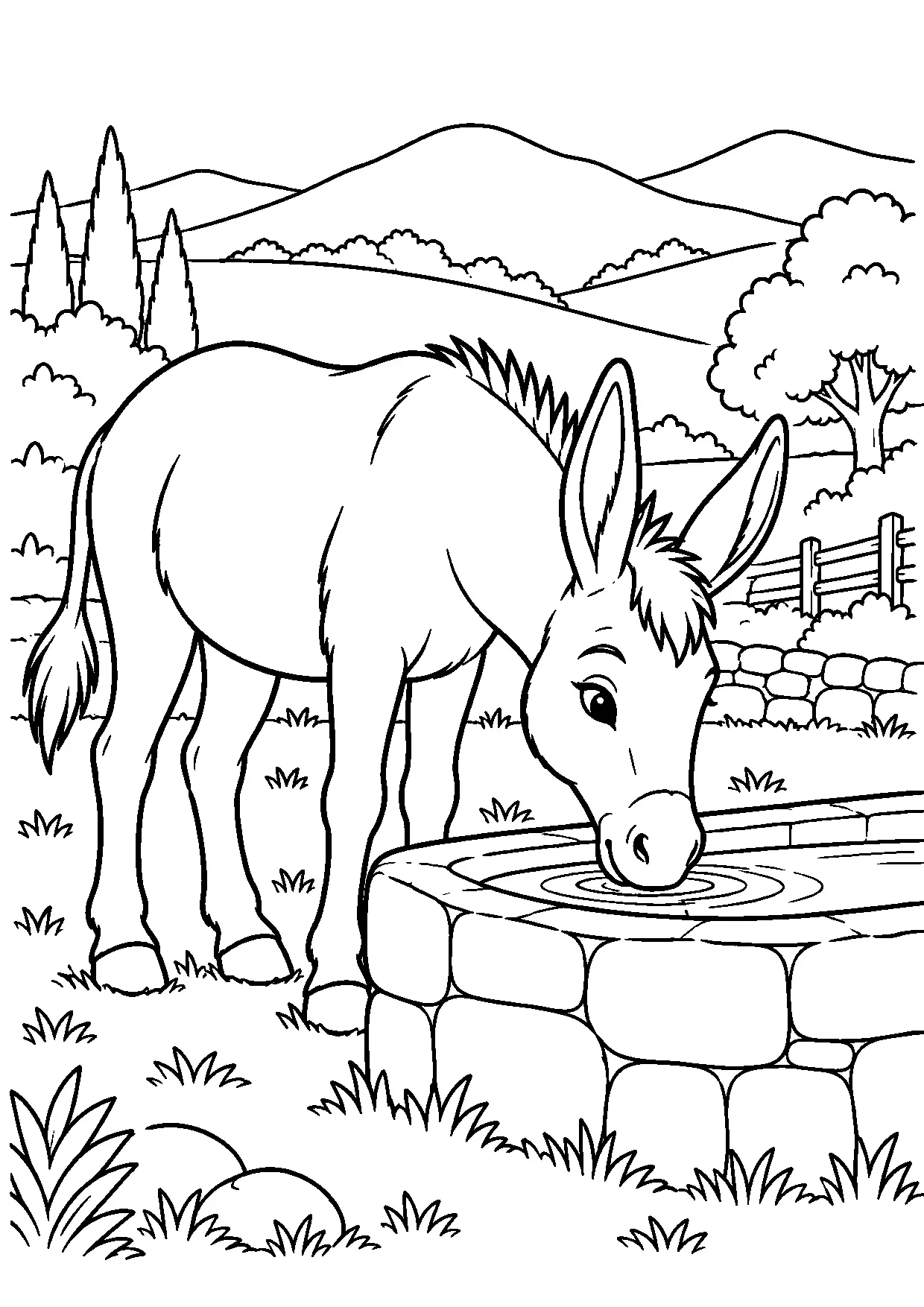 Coloriage âne : ane à imprimer montrant ane, dessin noir et blanc