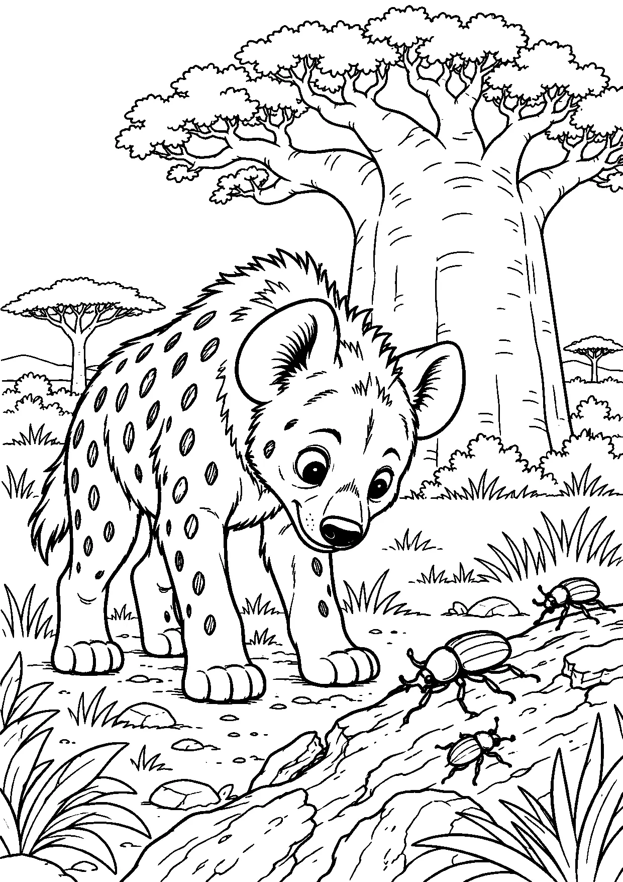 Coloriage hyène : hyene à imprimer montrant hyene, dessin noir et blanc