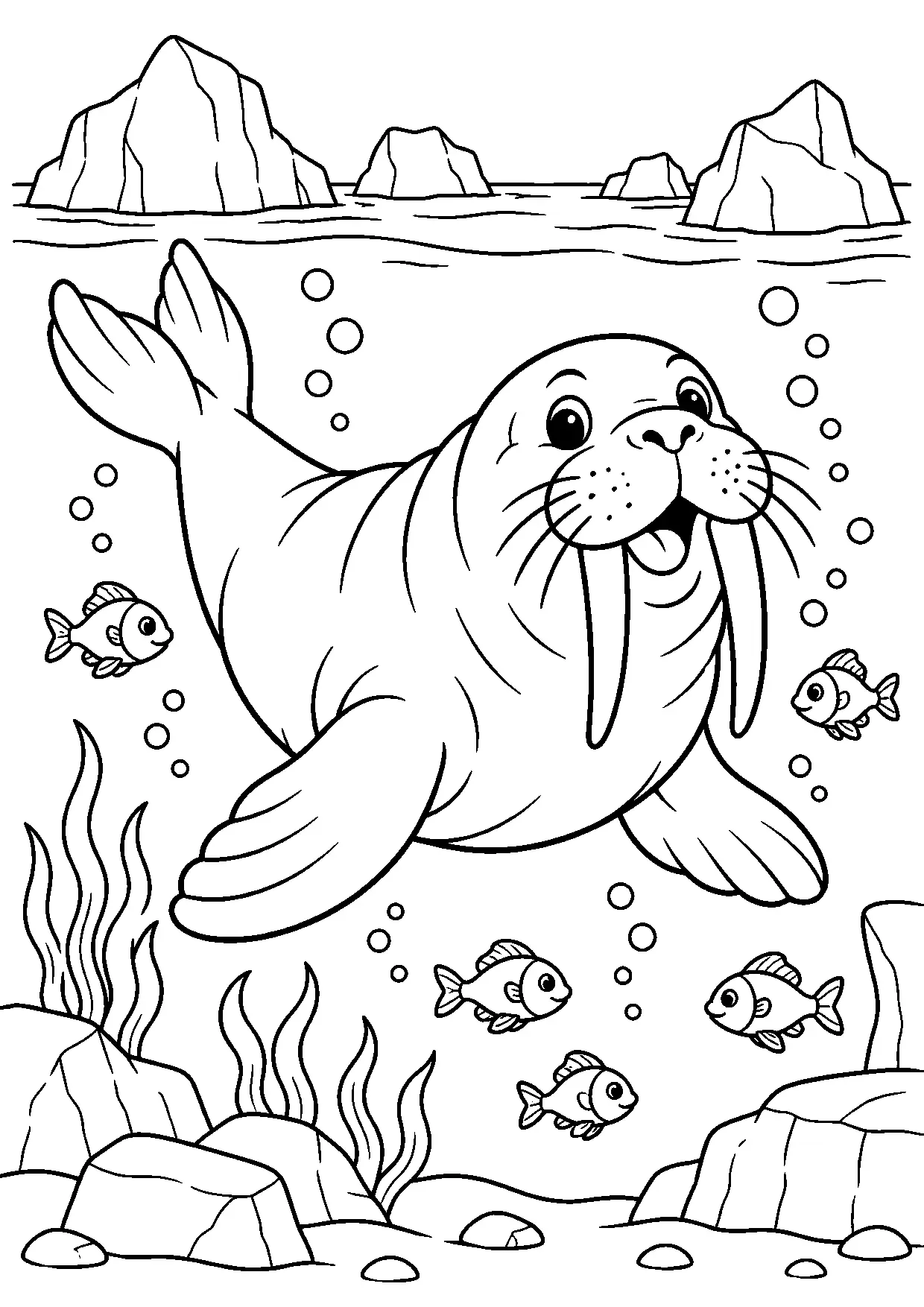Coloriage morse : morse à imprimer montrant morse, dessin noir et blanc