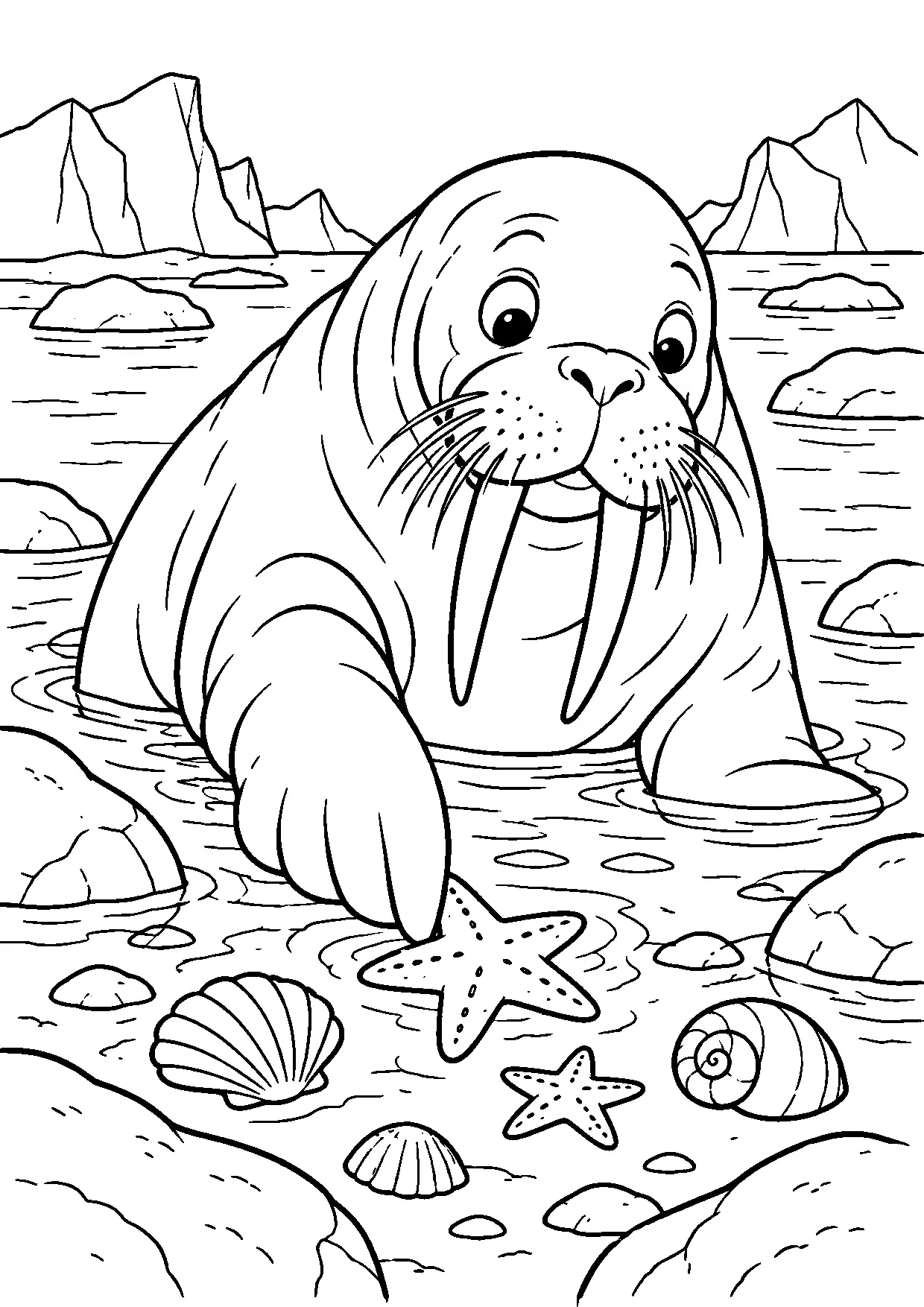Coloriage morse : morse à imprimer montrant morse, dessin noir et blanc