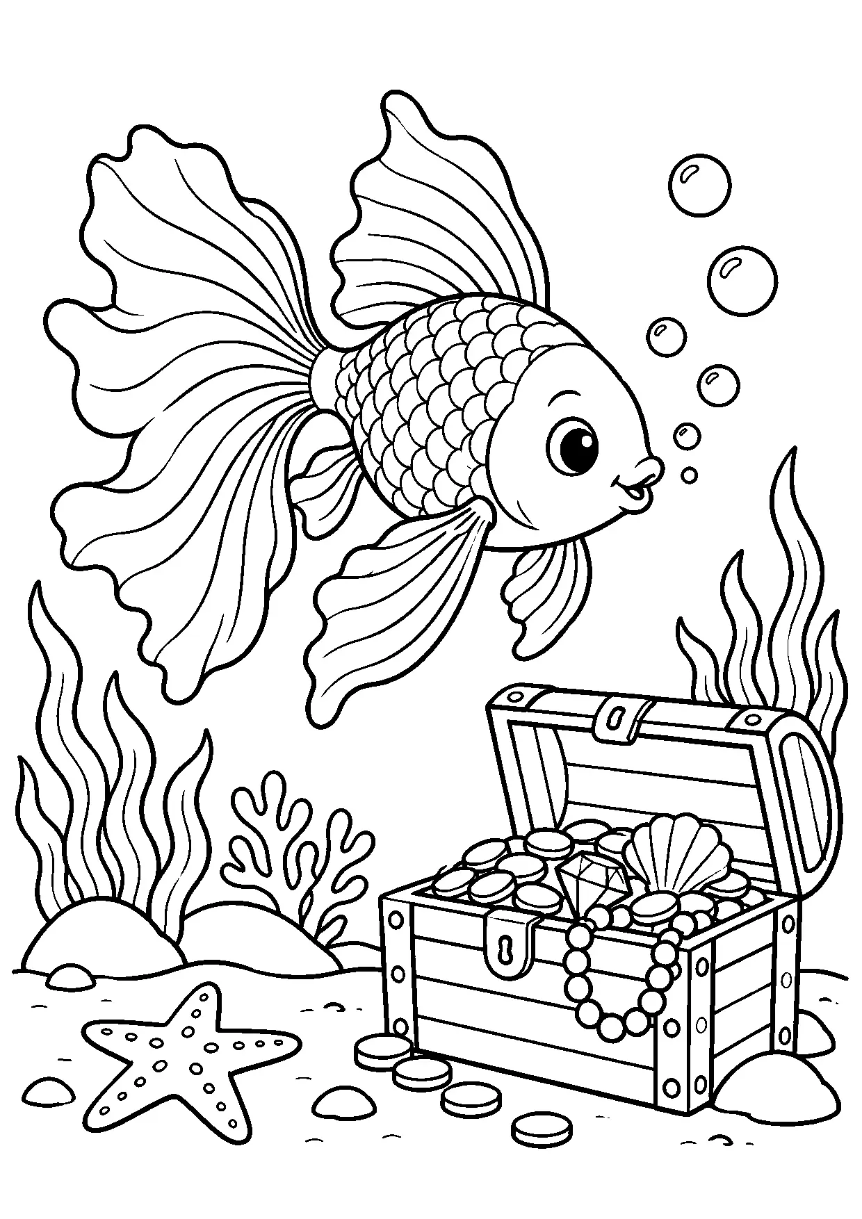Coloriage poisson rouge : poisson rouge à imprimer montrant poisson rouge, dessin noir et blanc