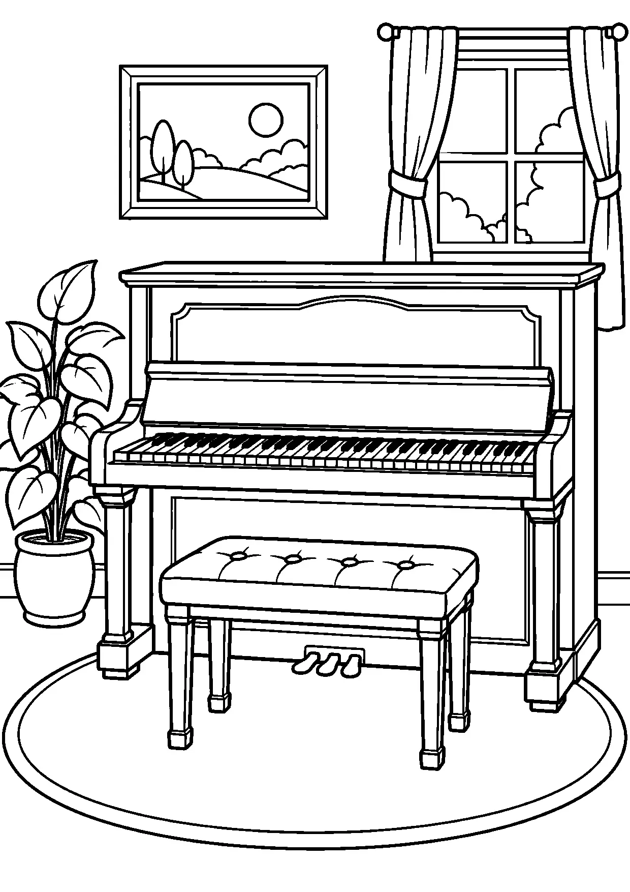 Coloriage piano : piano à imprimer montrant piano, dessin noir et blanc