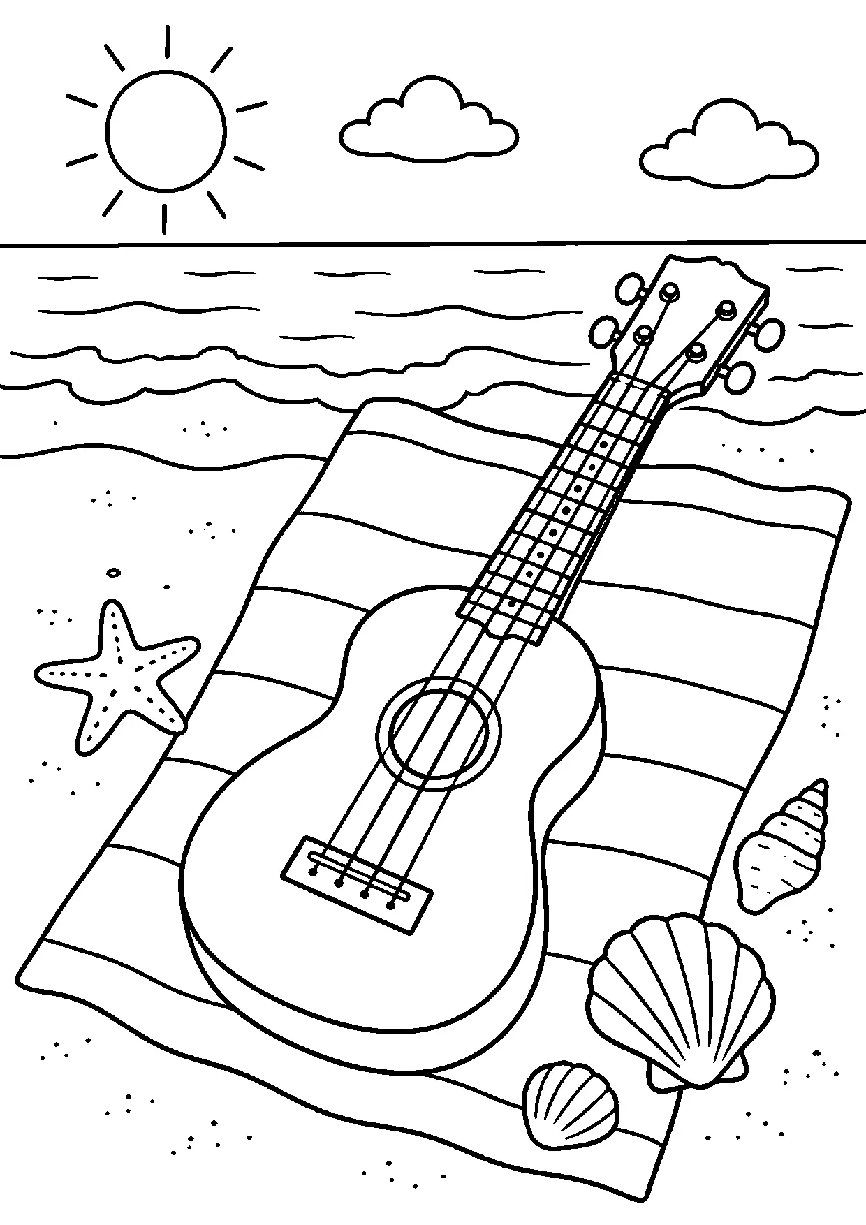 Coloriage ukulélé : ukulele à imprimer montrant ukulele, dessin noir et blanc