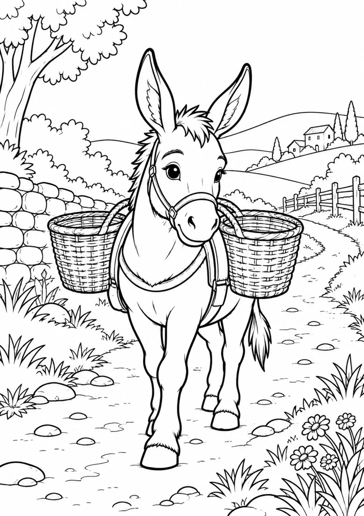 Coloriage âne : ane à imprimer montrant ane, dessin noir et blanc