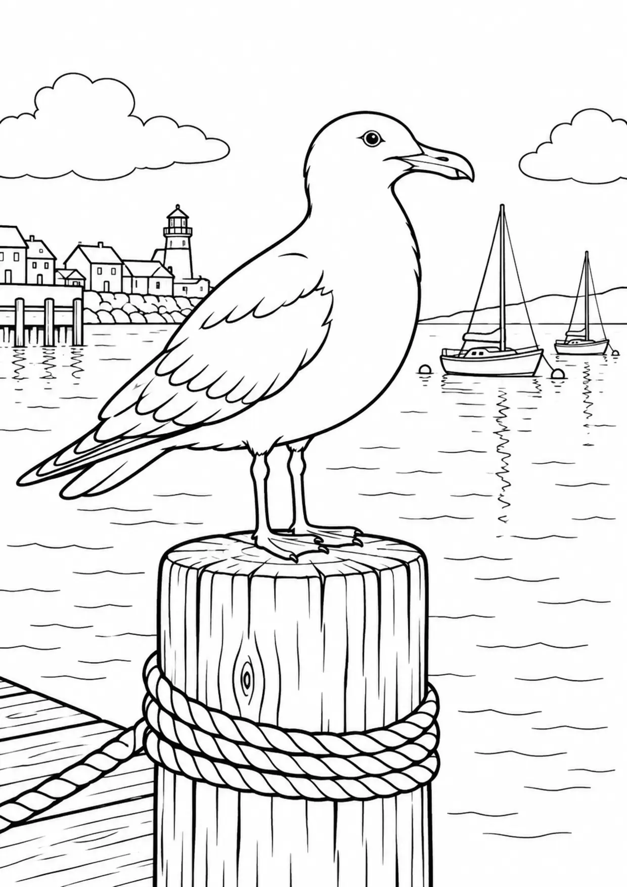Coloriage mouette : mouette à imprimer montrant mouette, dessin noir et blanc