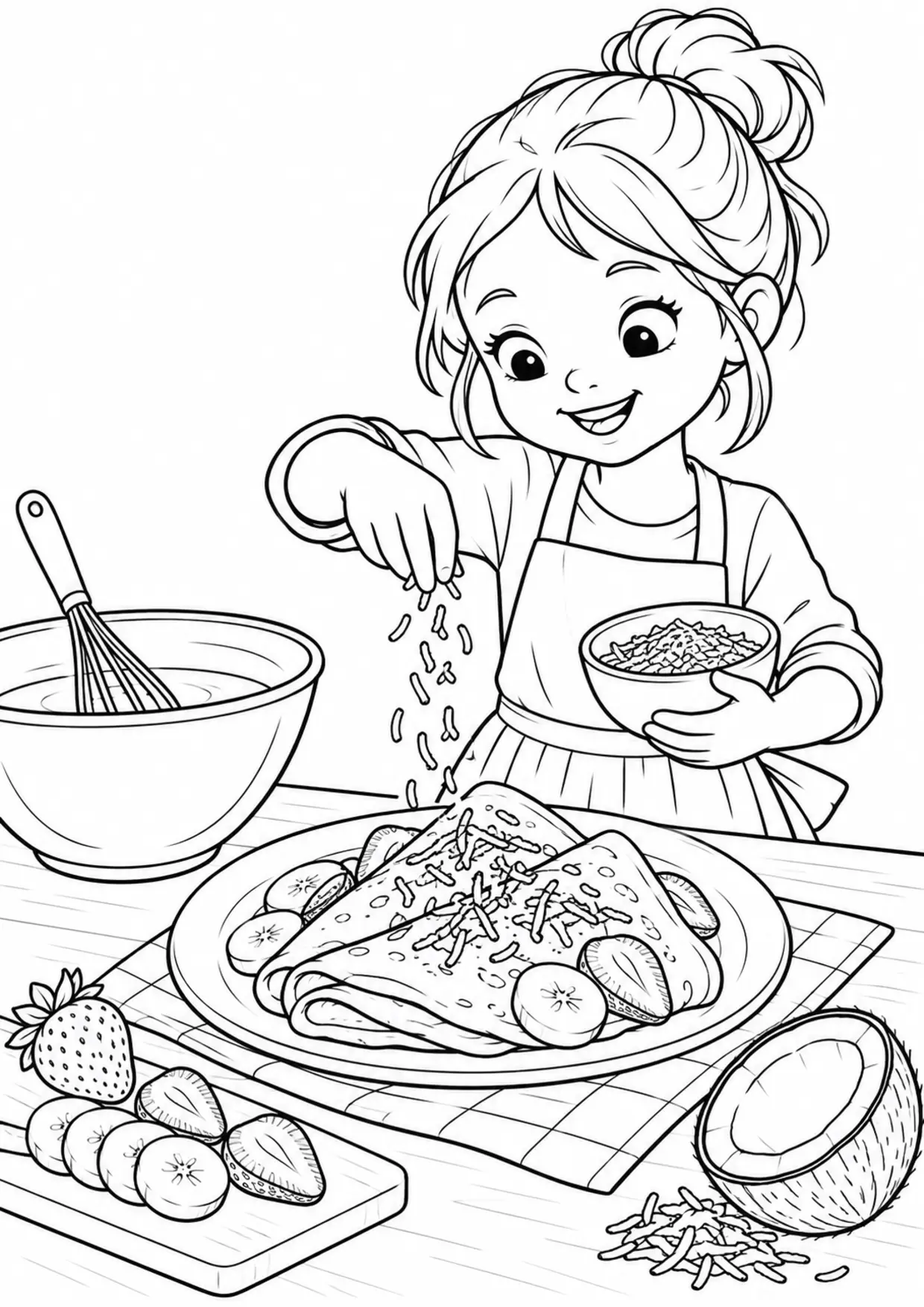Coloriage Crêpe : coco à imprimer représentant coco en dessin noir et blanc