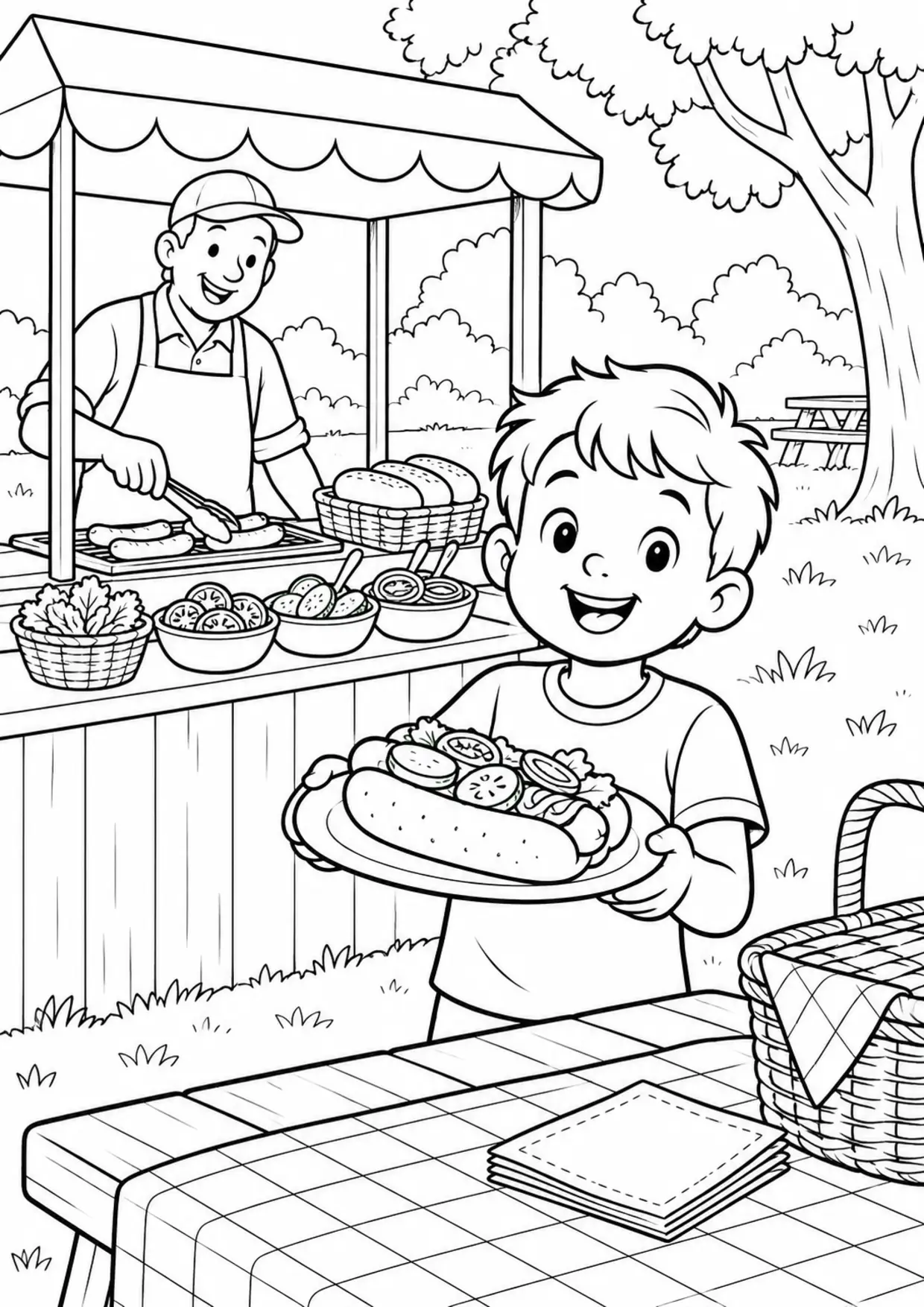 Coloriage Hot-dog : stand à imprimer représentant stand en dessin noir et blanc