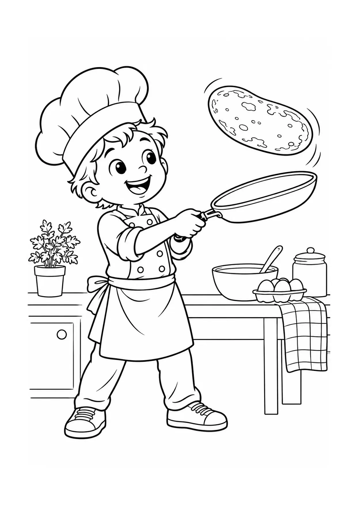 Coloriage Crêpe : enfant poêle