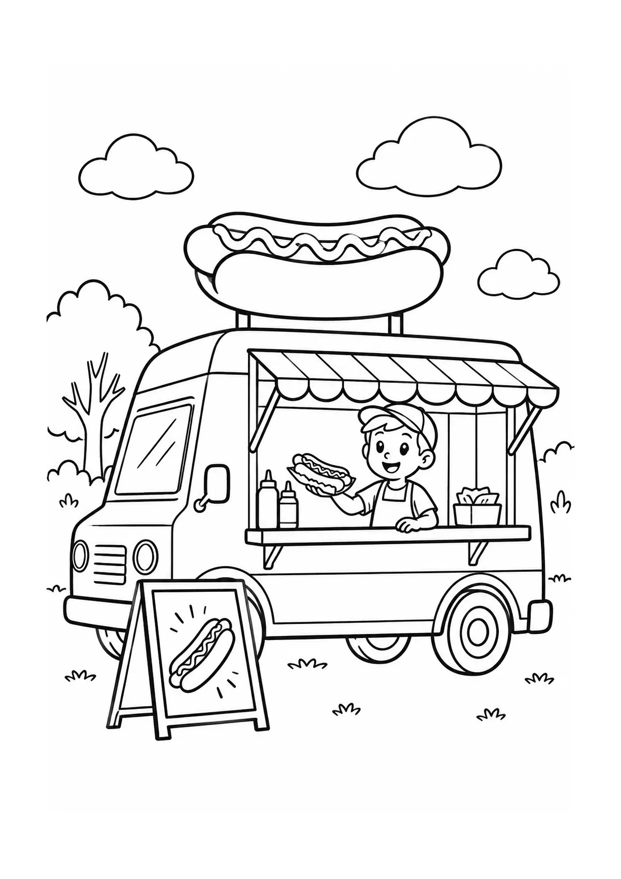 Coloriage Hot-dog : food truck à imprimer représentant food truck en dessin noir et blanc