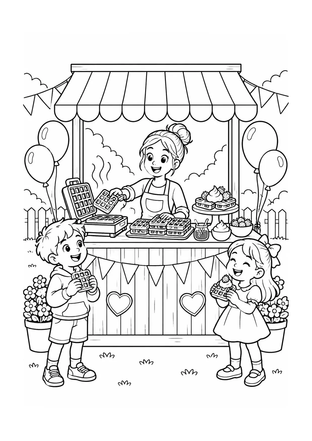 Coloriage Gaufre : stand gaufres festif à imprimer représentant stand gaufres festif en dessin noir et blanc
