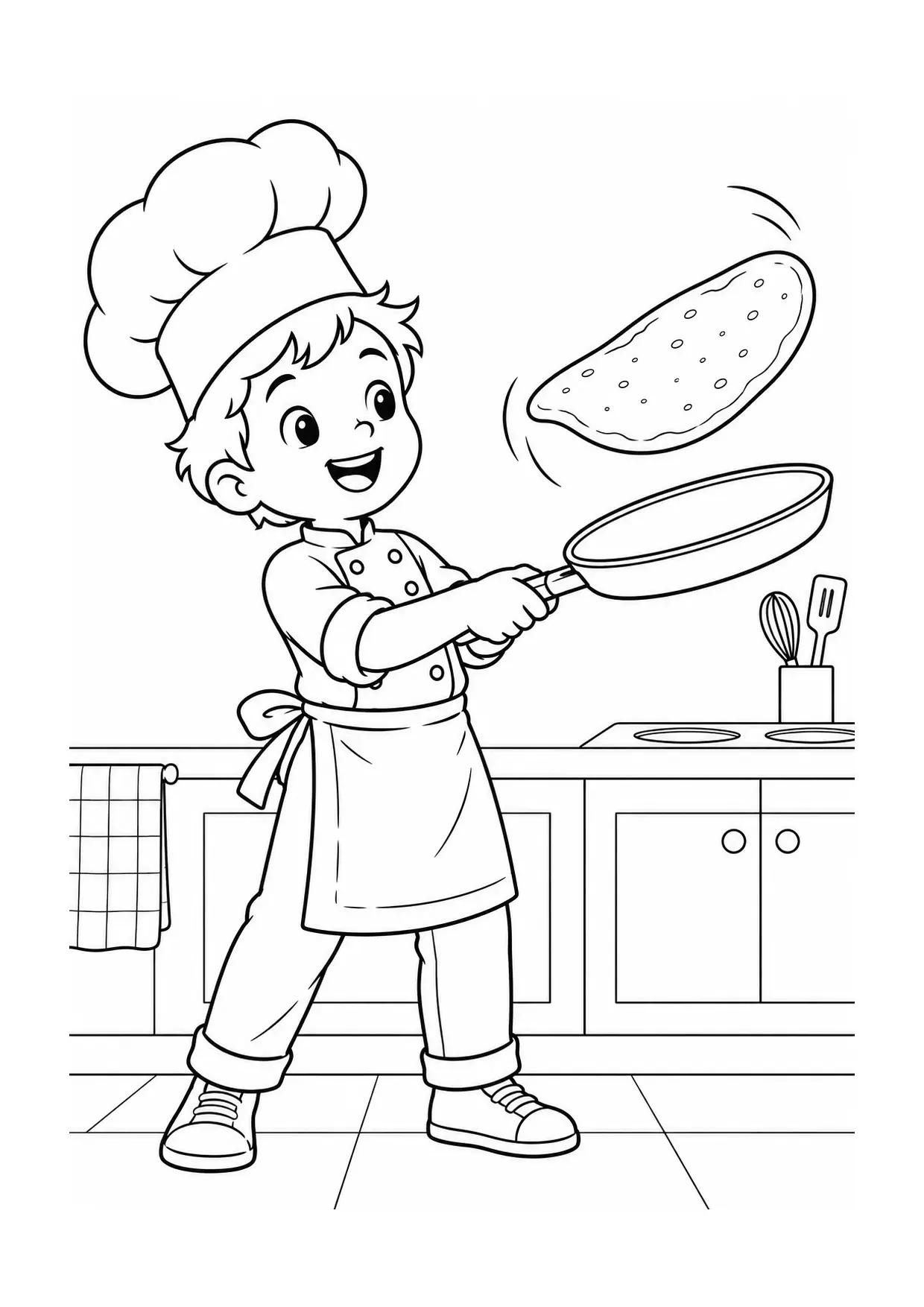 Coloriage Crêpe : poêle à imprimer représentant poêle en dessin noir et blanc